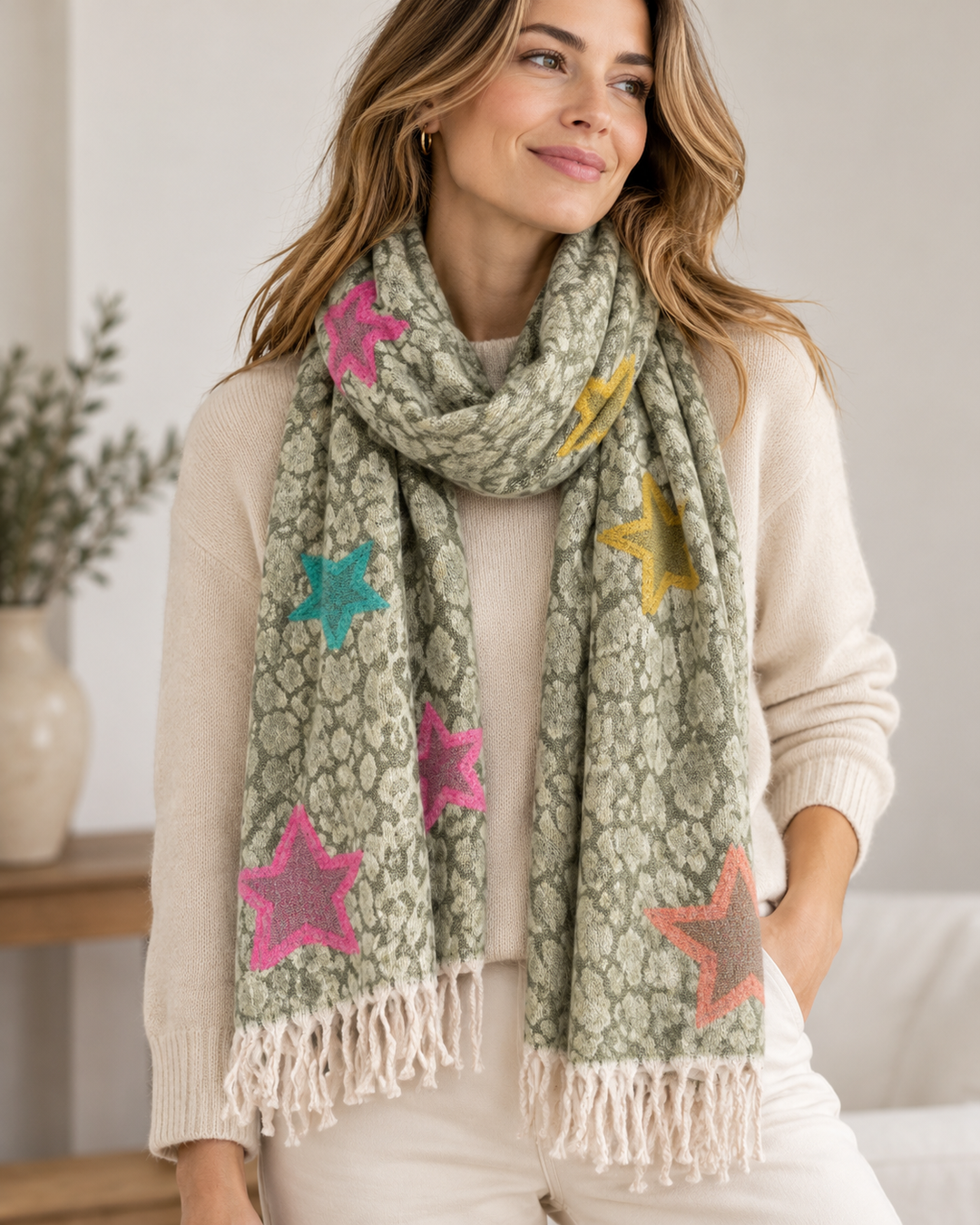 Zelly Khaki Leopard & Star Scarf