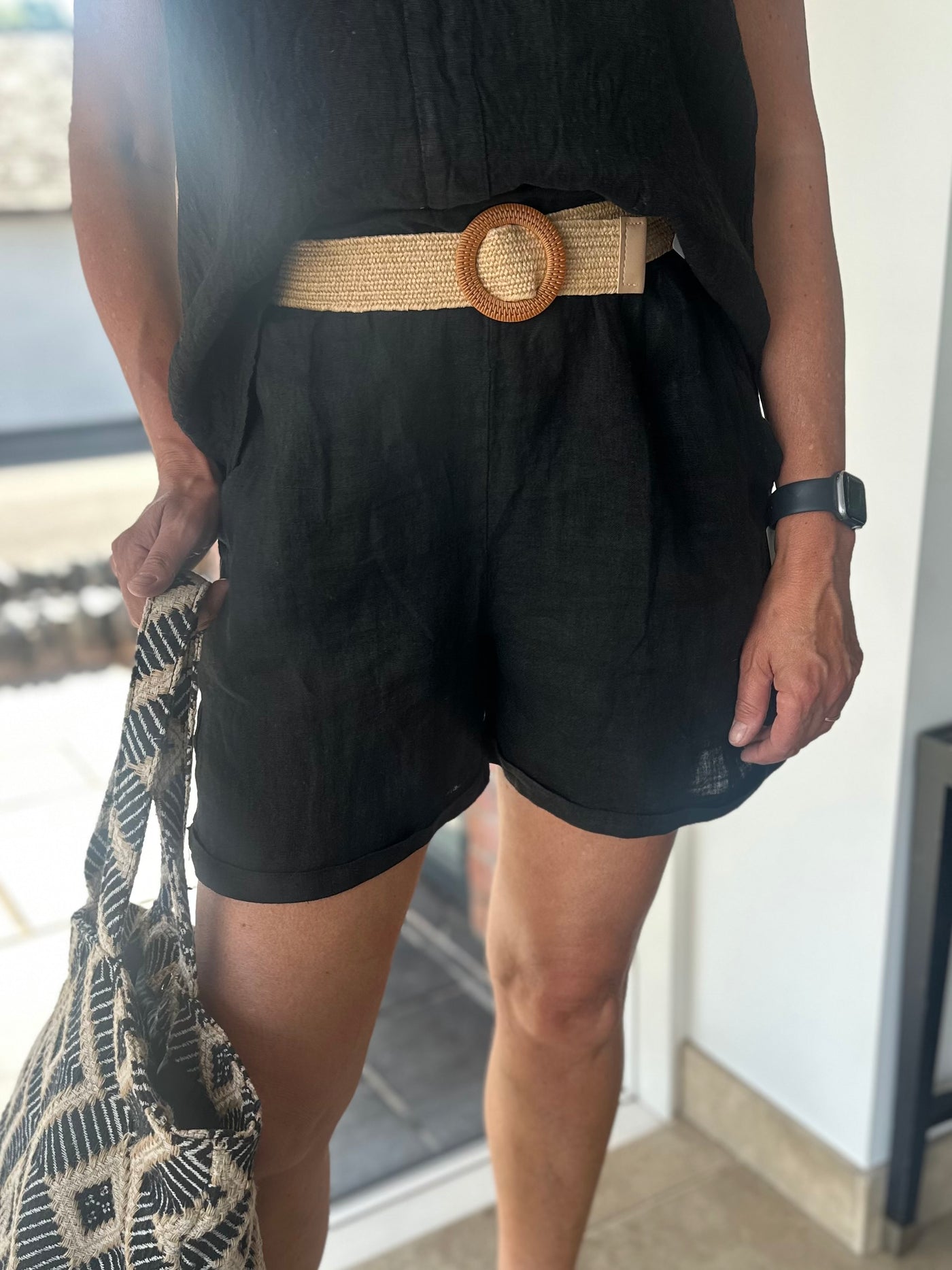 Black Linen Shorts With Belt