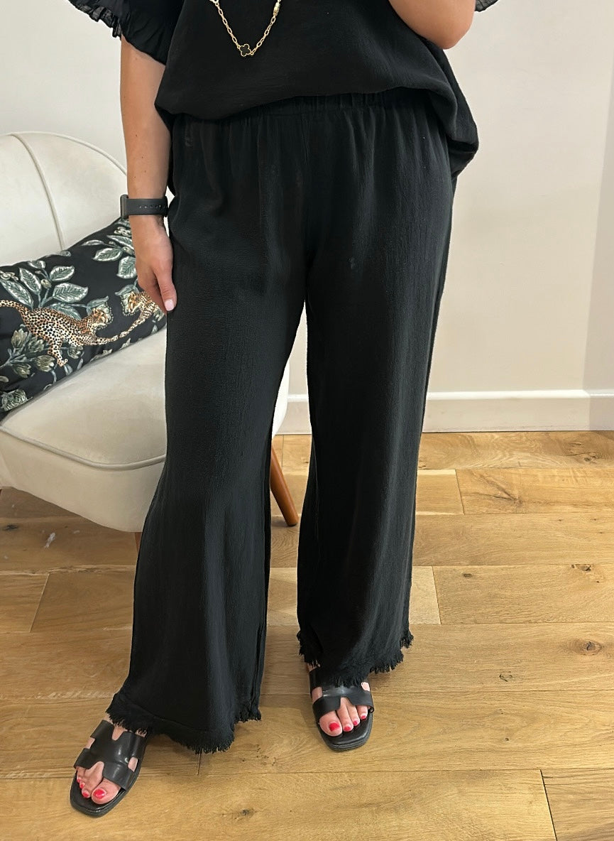 Black Waffle Linen Mix Trousers