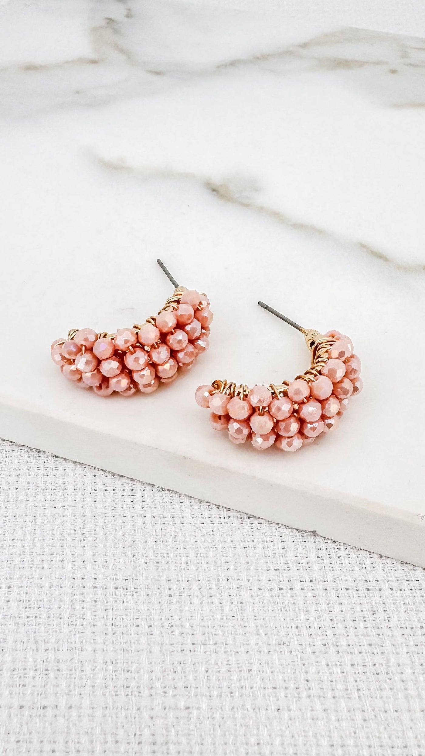 Pale Pink Bead Half Hoop Earrings