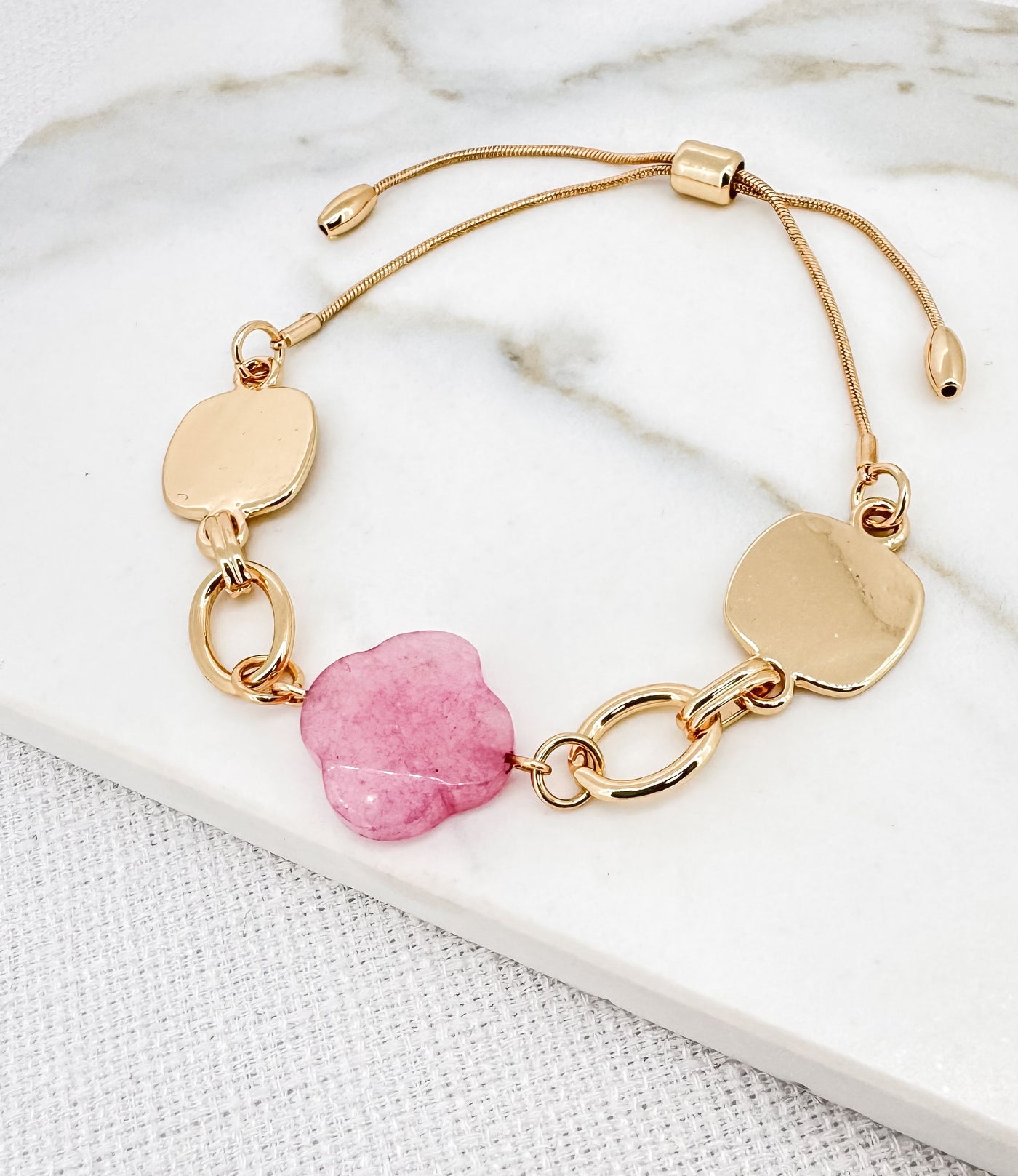 Gold & Pink Stone Clover Bracelet
