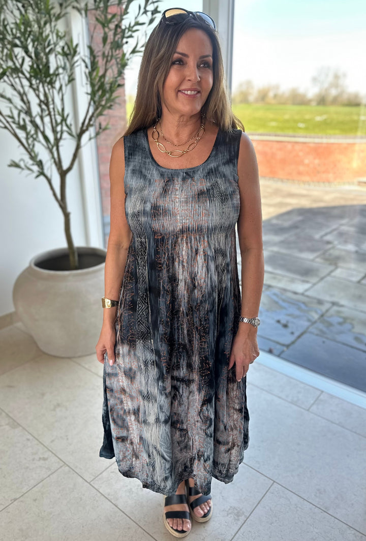 Black Tie Dye Shirred Summer Dress