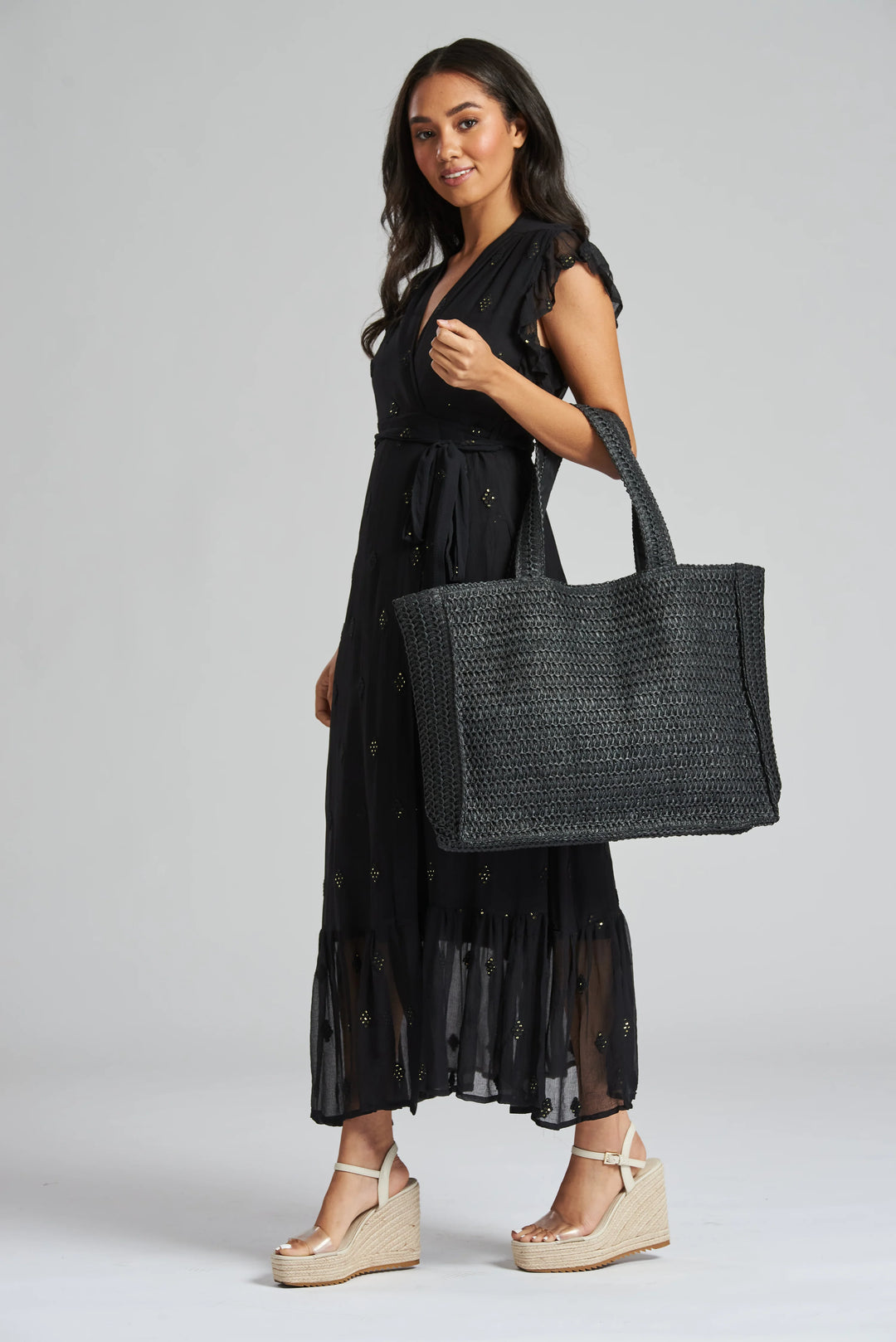 Black Woven Straw Tote Bag