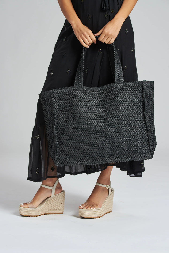 Black Woven Straw Tote Bag