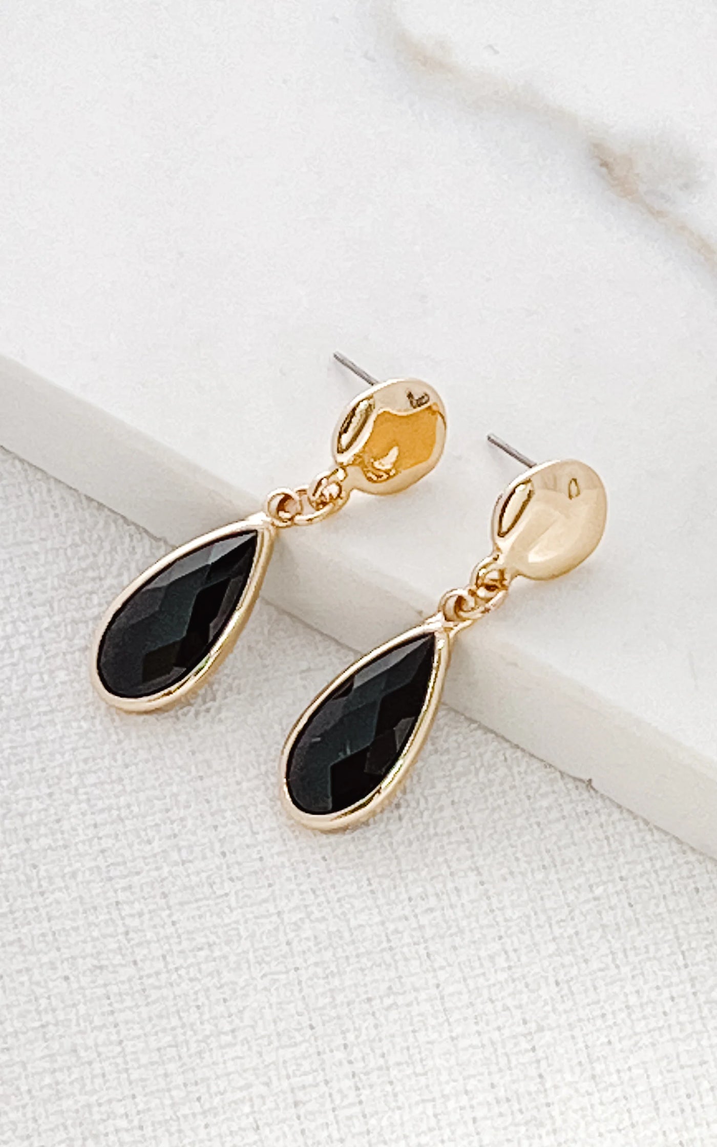 Gold & Black Stone Teardrop Earrings