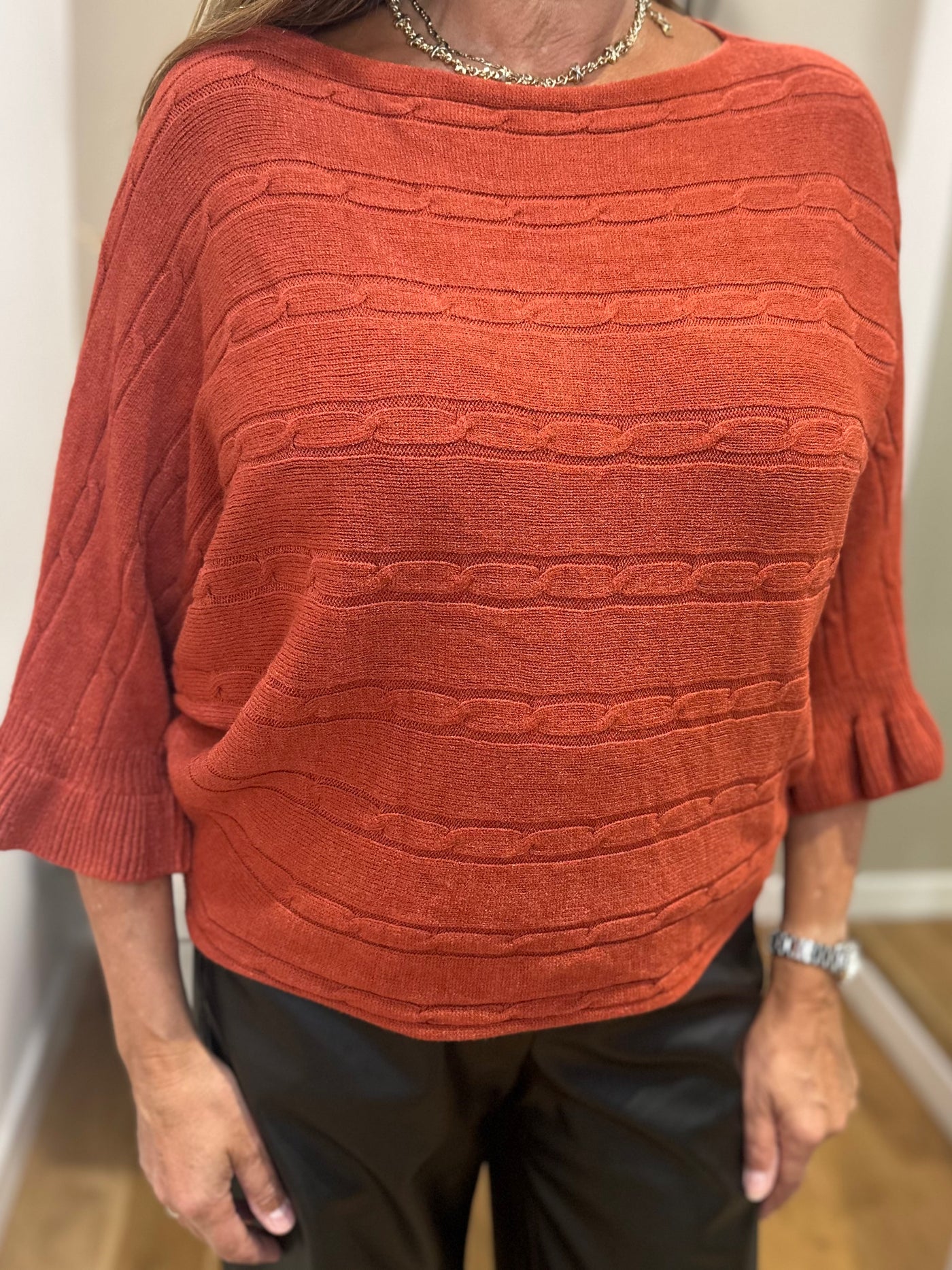 Rust Cable Knit Frill Sleeve Jumper