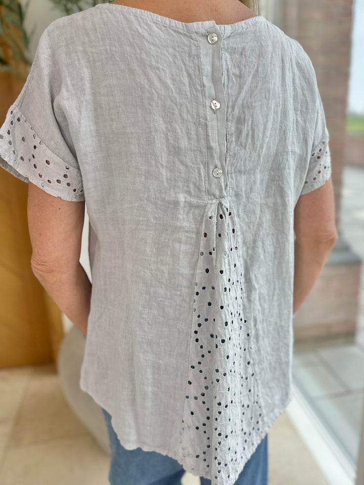 Pale Grey Linen Broderie T-Shirt