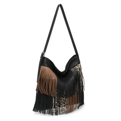 Leopard, Black & Brown Fringed Bag