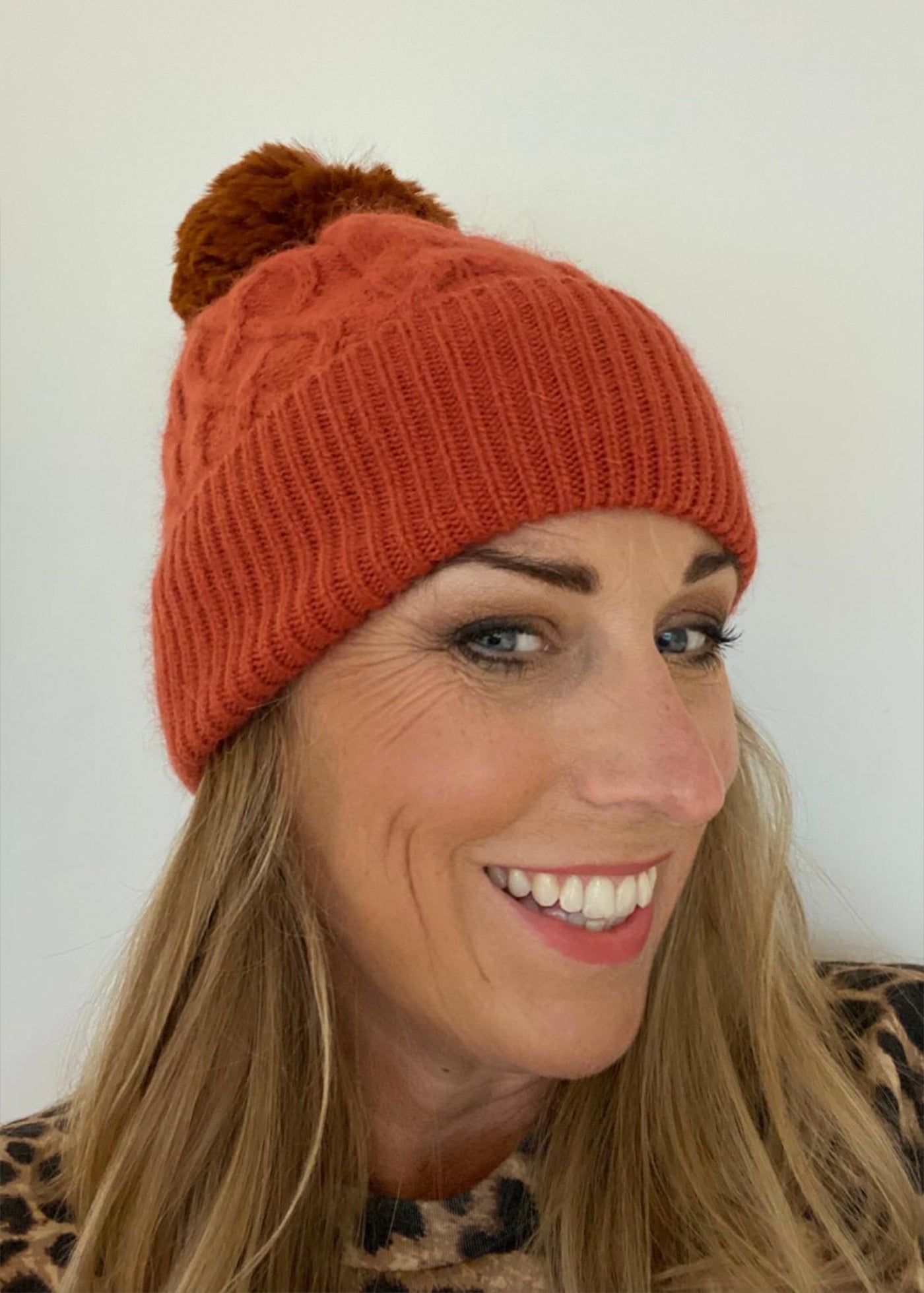 Cinnamon Cable Knit Pom Pom Hat