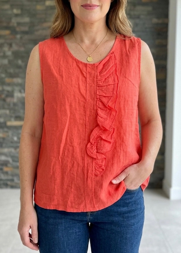 Coral Ruffle Detail Linen Top
