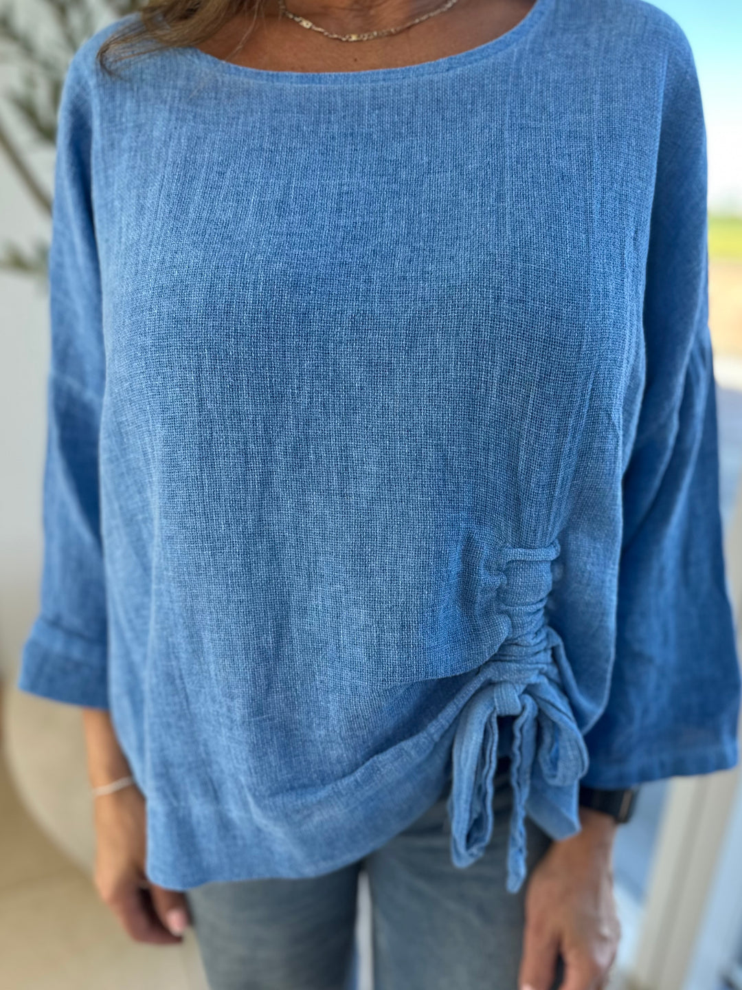Blue Ruched Side Waffle Top
