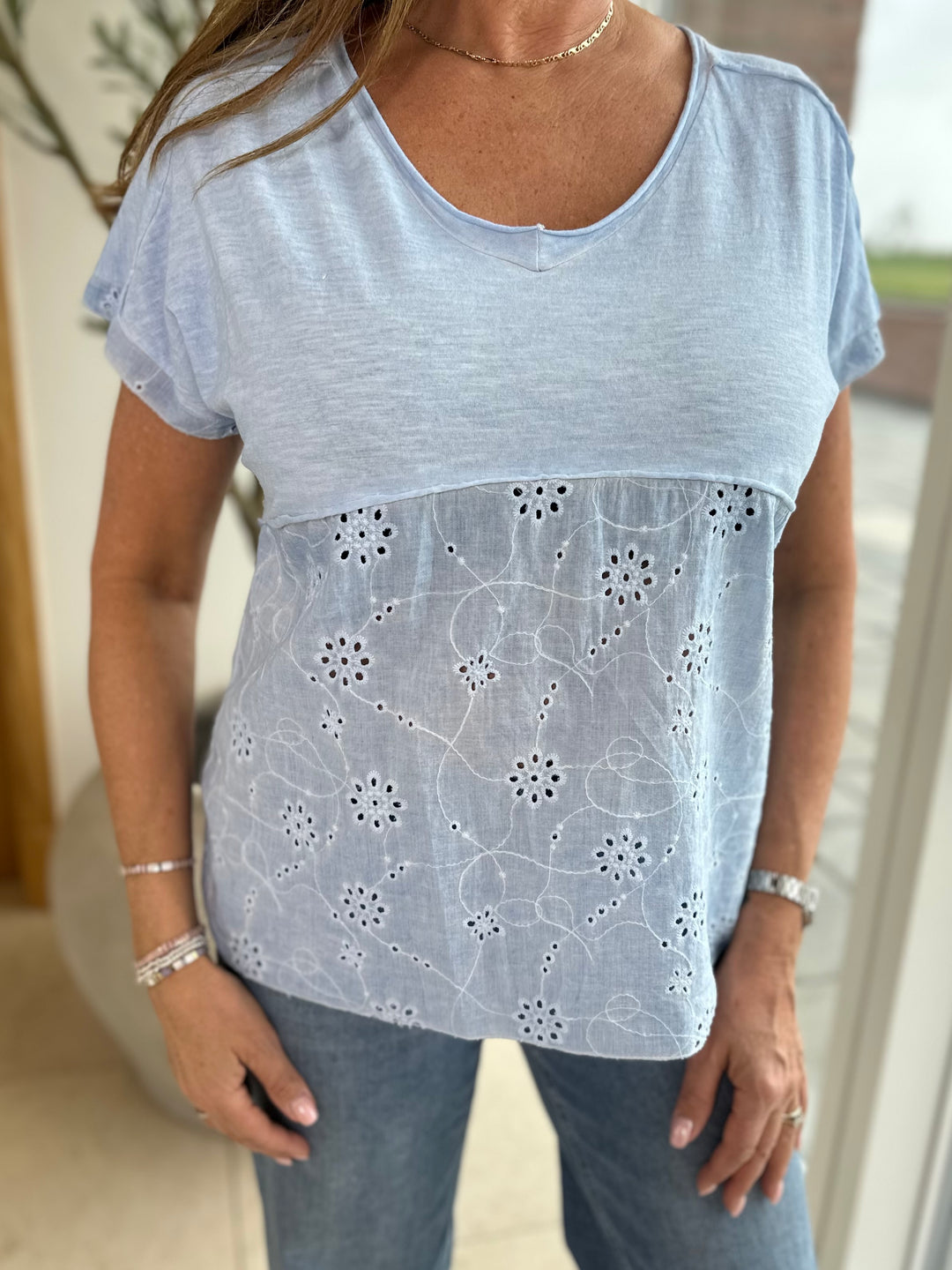 Blue Broderie Detail T-Shirt