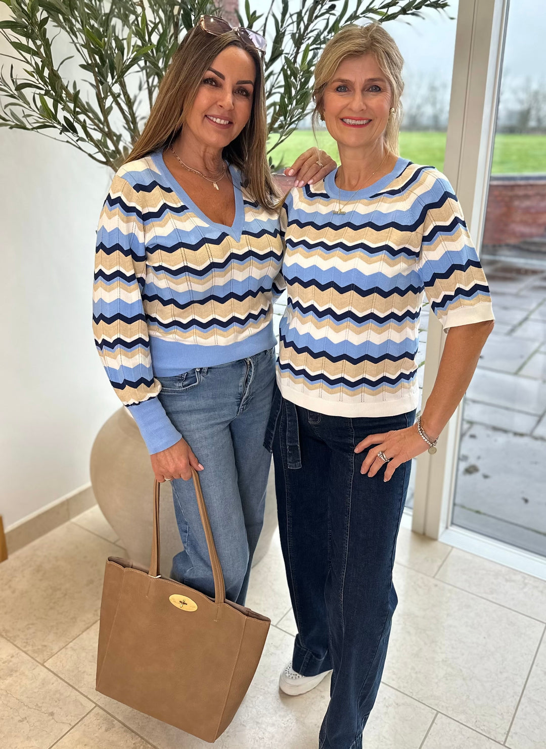 Byoung Blue Stripe Pointelle Round Neck