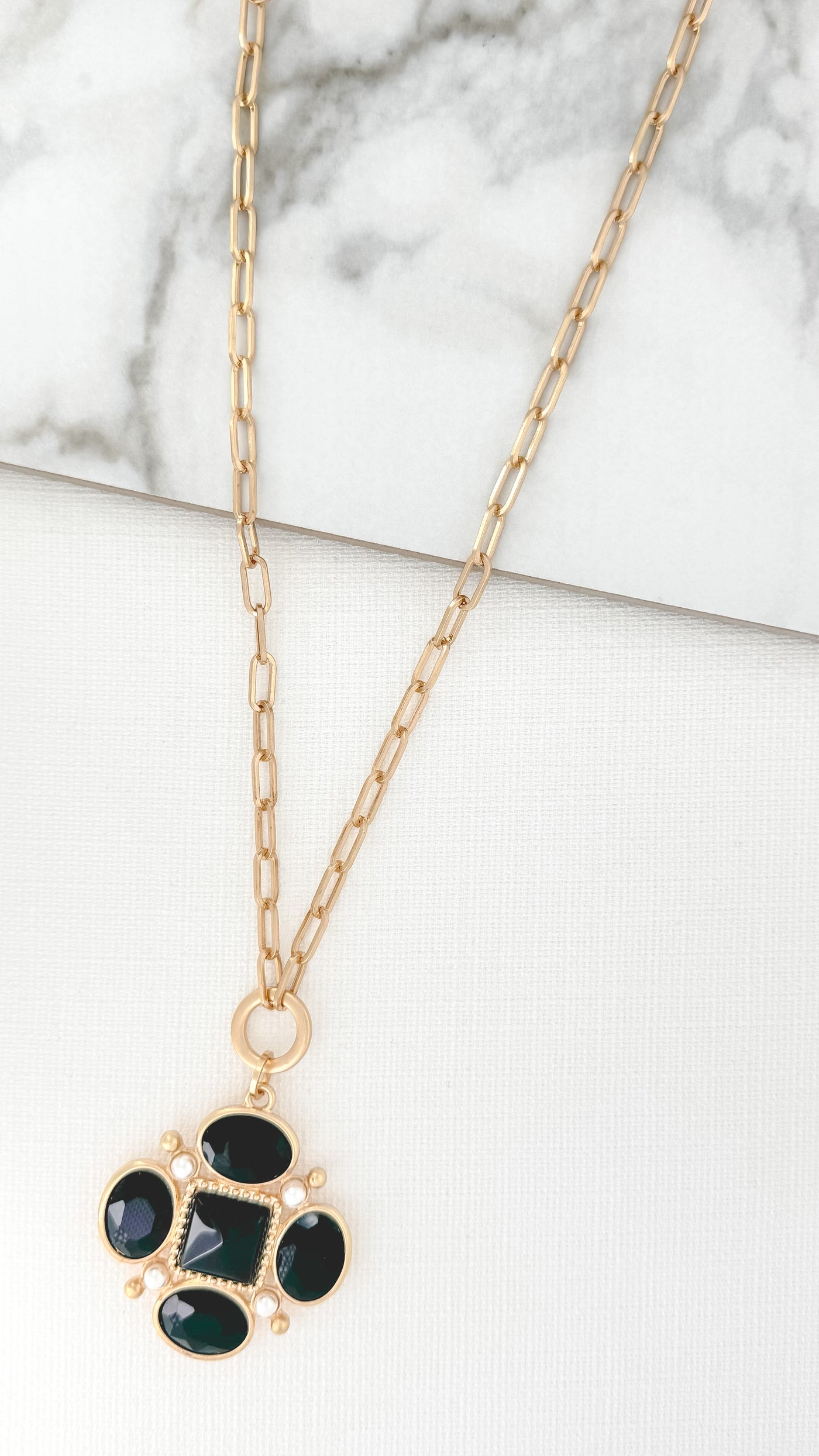 Gold & Black Clover Pendant Long Necklace