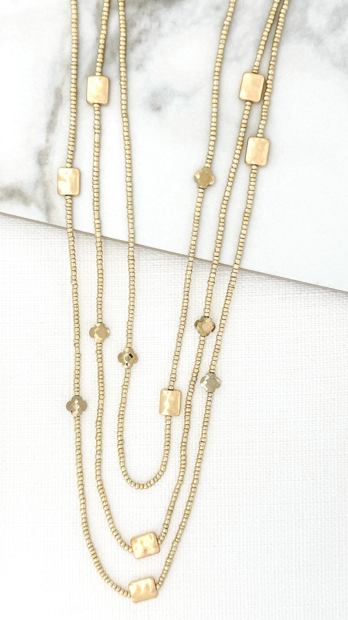 Gold 3 Layer Mini Beaded Long Necklace