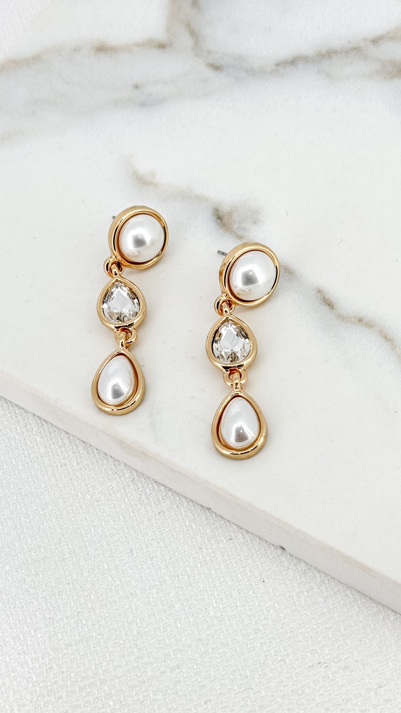 Gold Cystal & Pearl Triple Drop Earrings