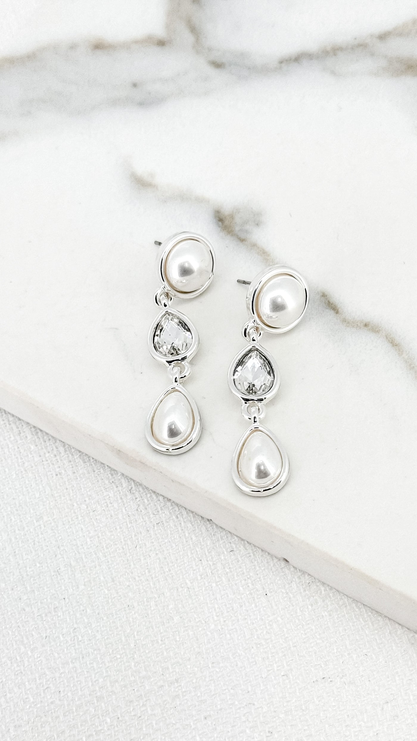 Silver Cystal & Pearl Triple Drop Earrings