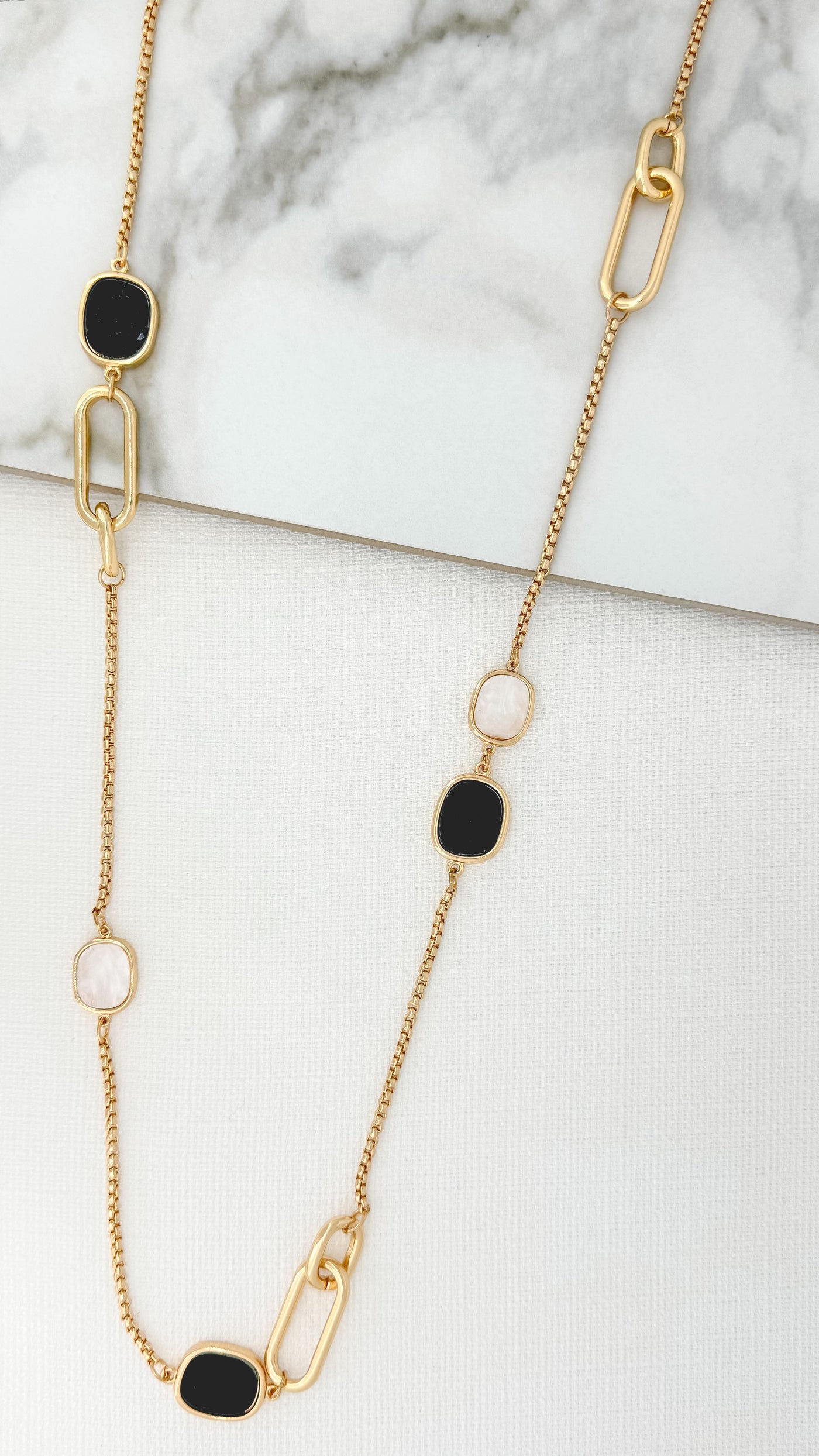 Gold, White & Black Stones Long Necklace