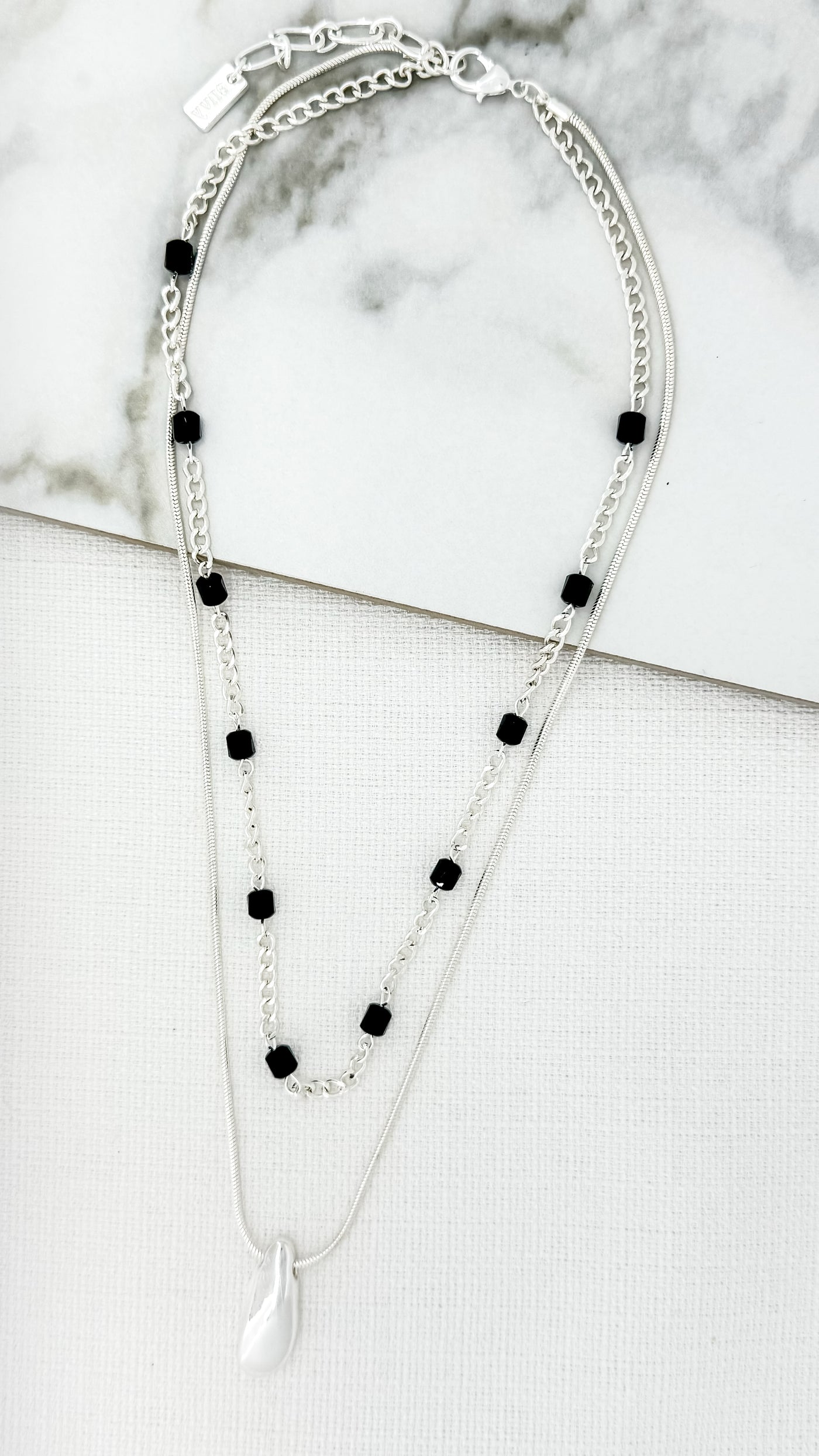 Silver Pendant & Black Beads Short Necklace