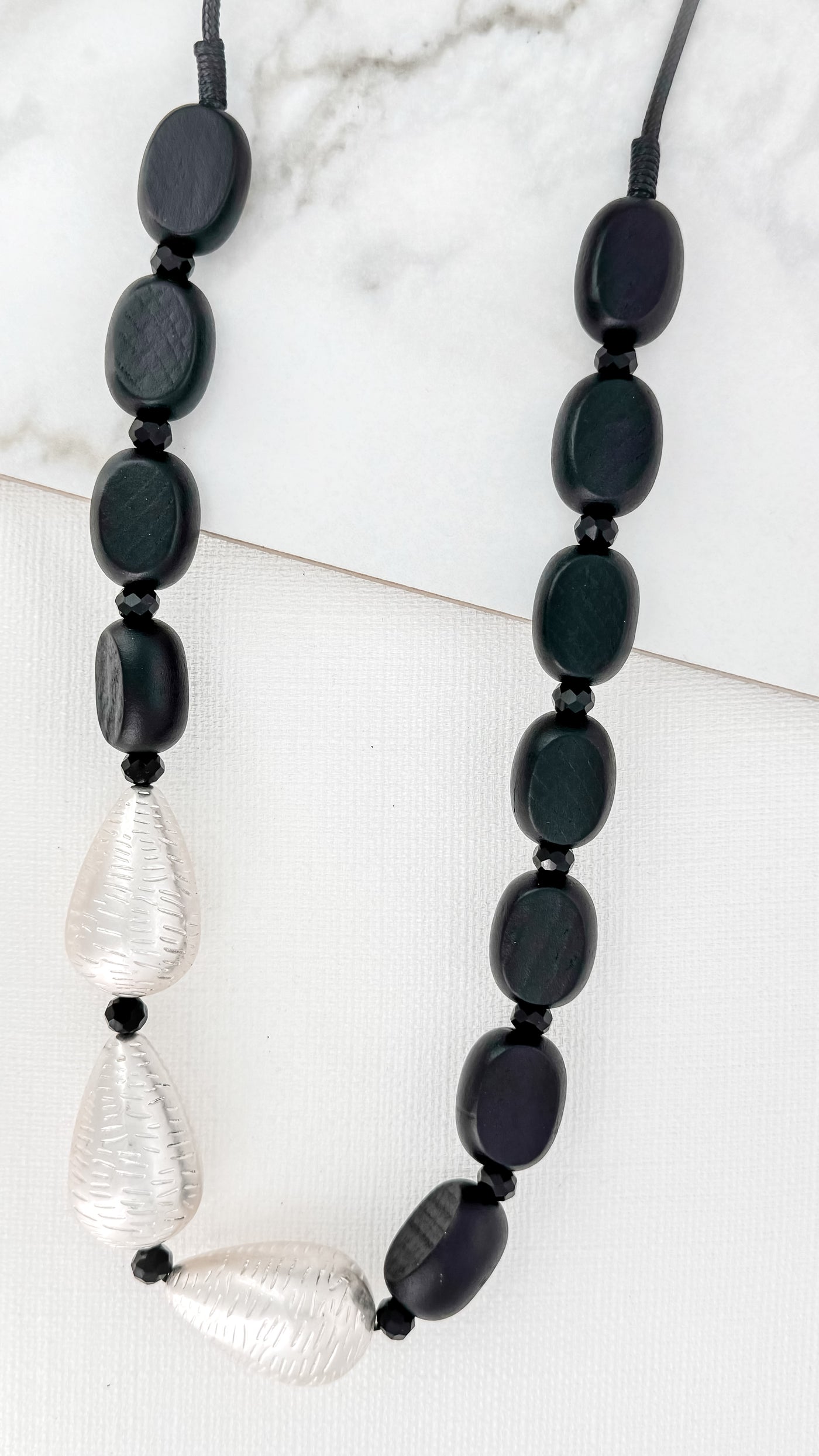 Black & Silver Teardrop Bead Long Necklace