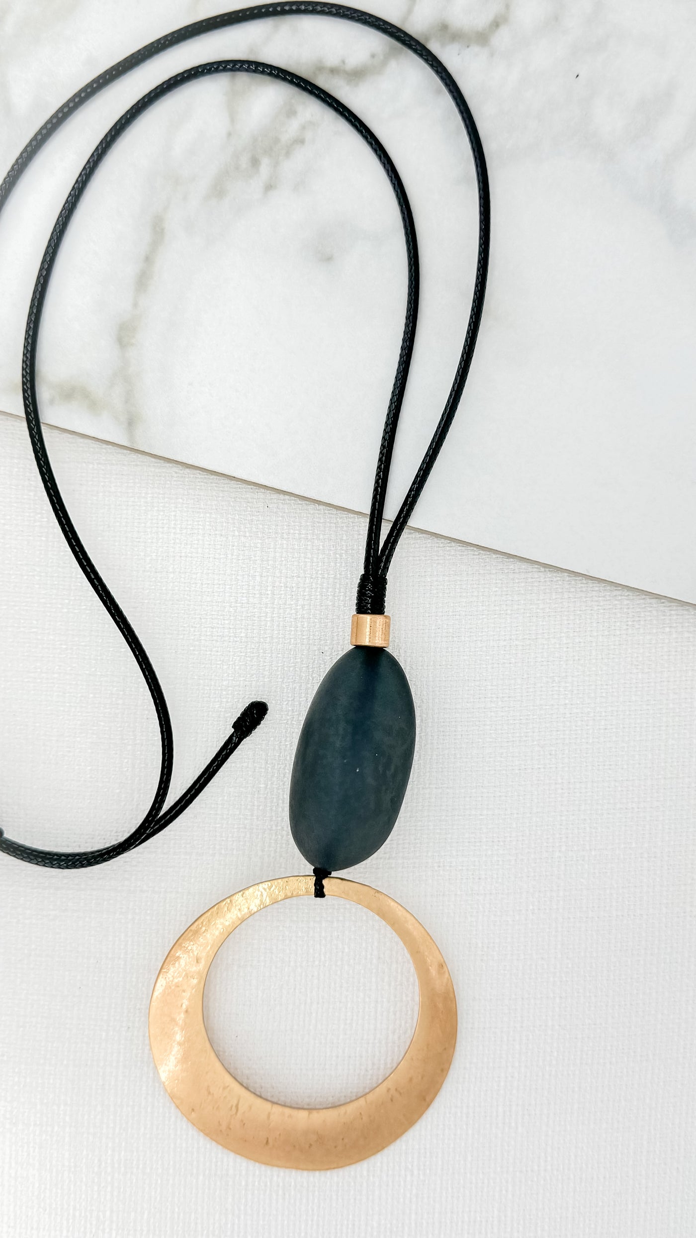 Black & Gold Circle Pendant Long Necklace