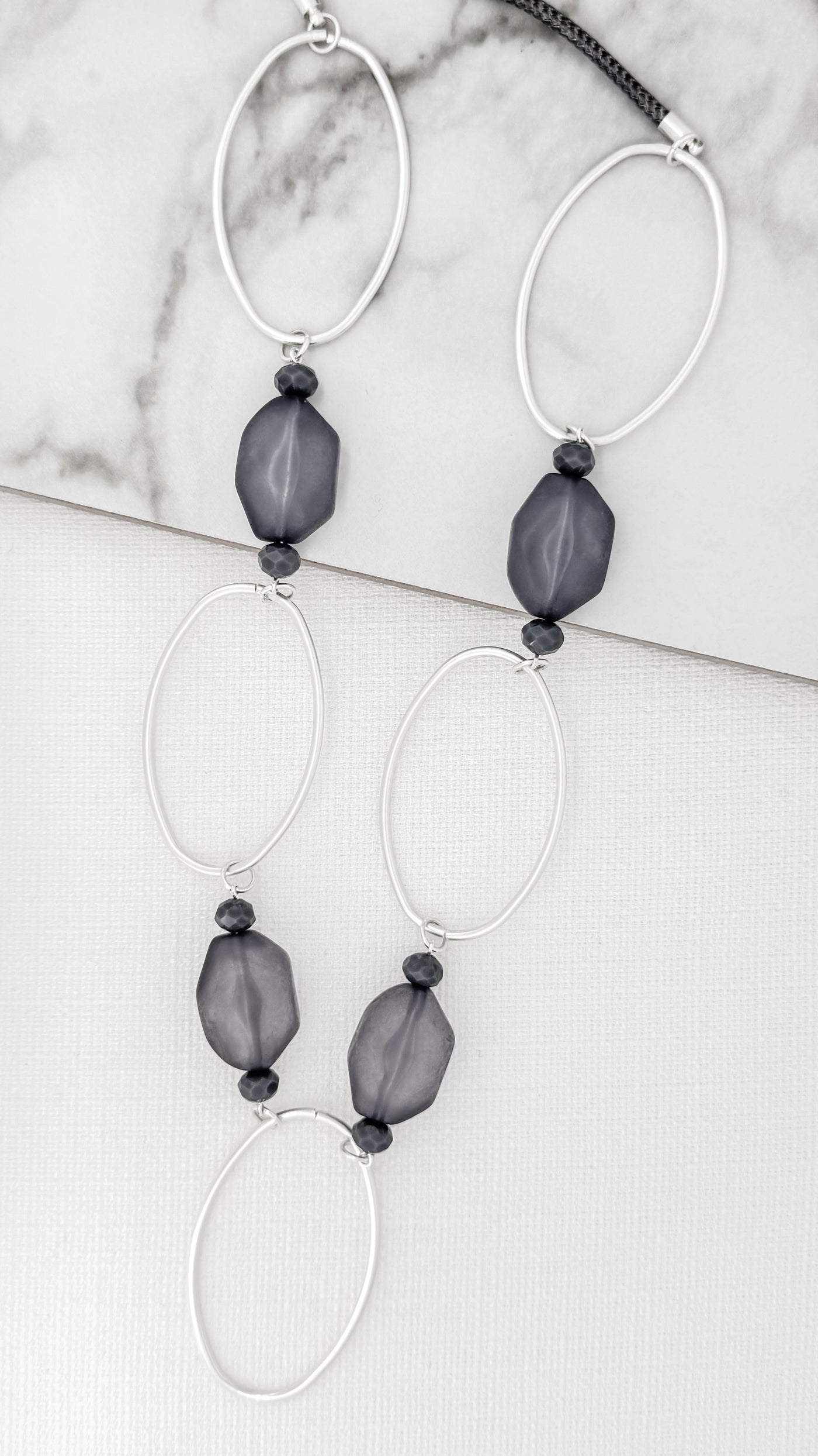 Grey & Silver Oval Link Long Necklace