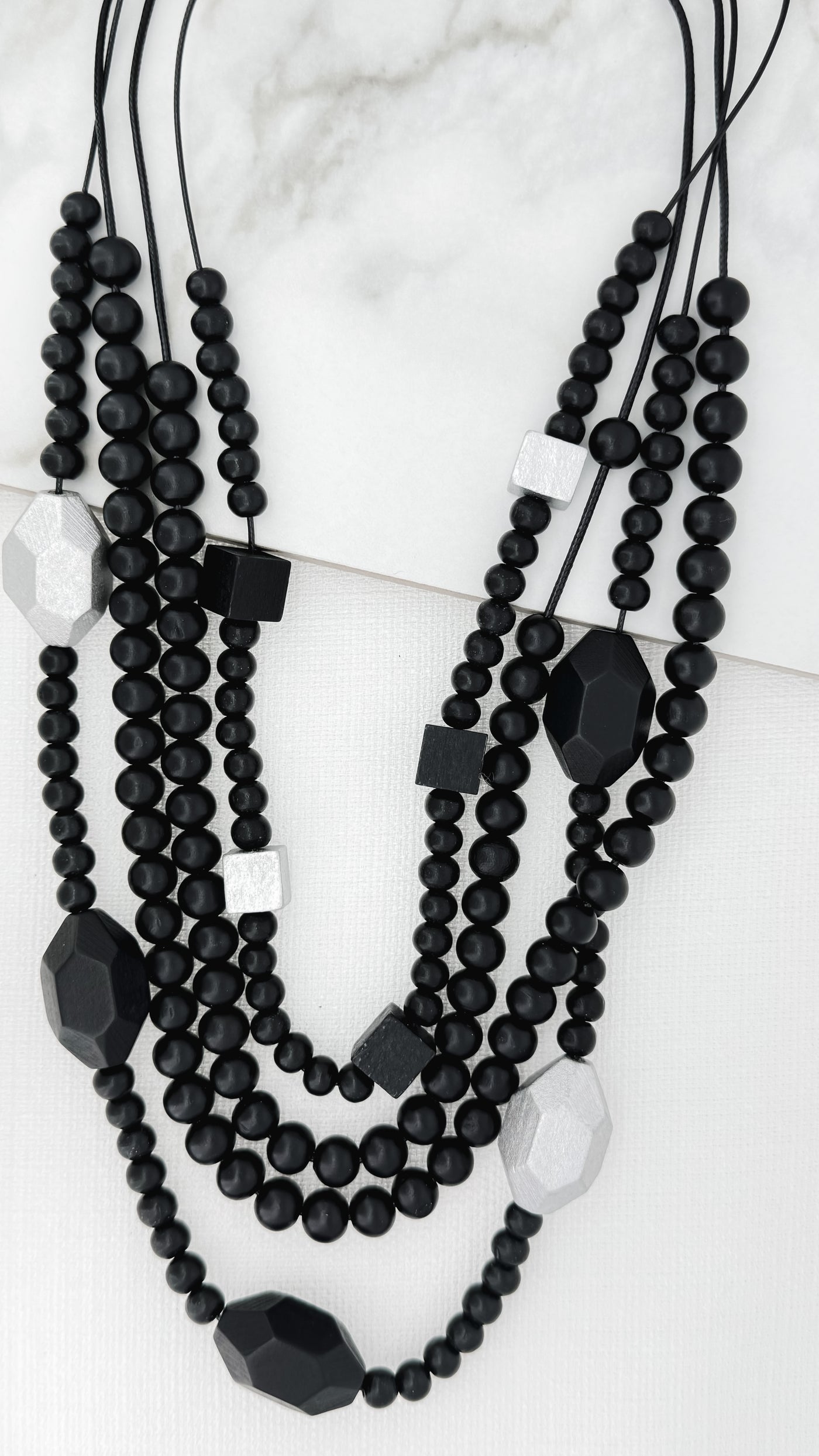 Black & Silver Chunky Bead Long Necklace