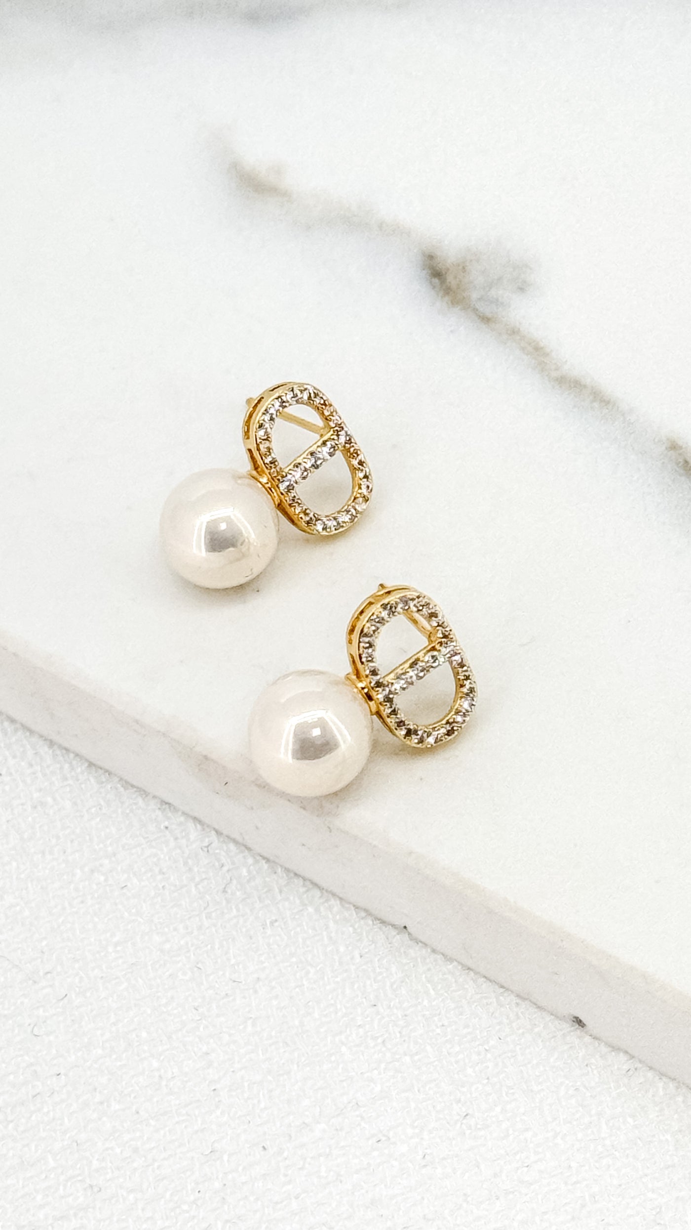 Gold Diamante D & Pearl Drop Earrings