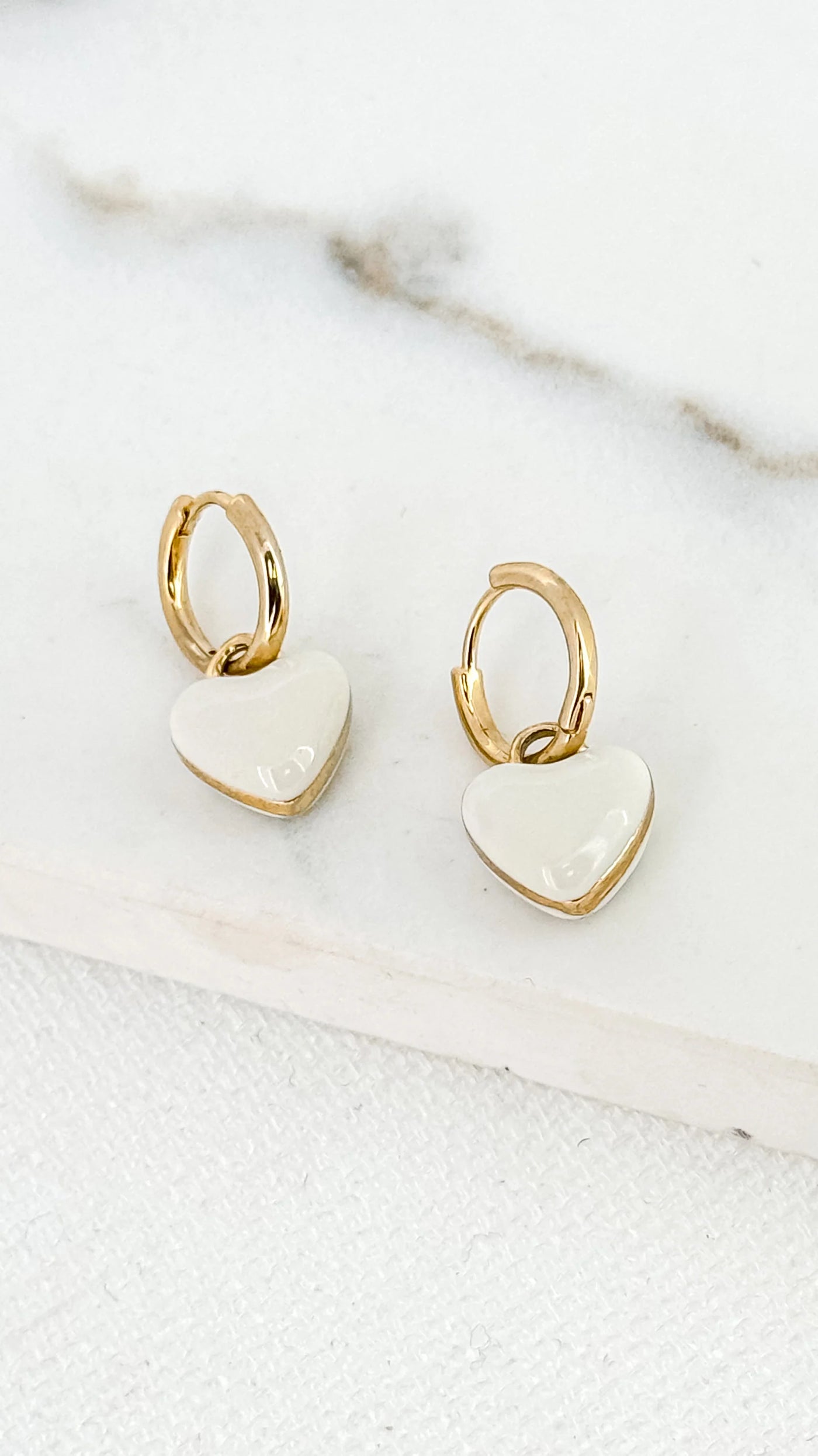 Gold & White Heart Charm Earrings