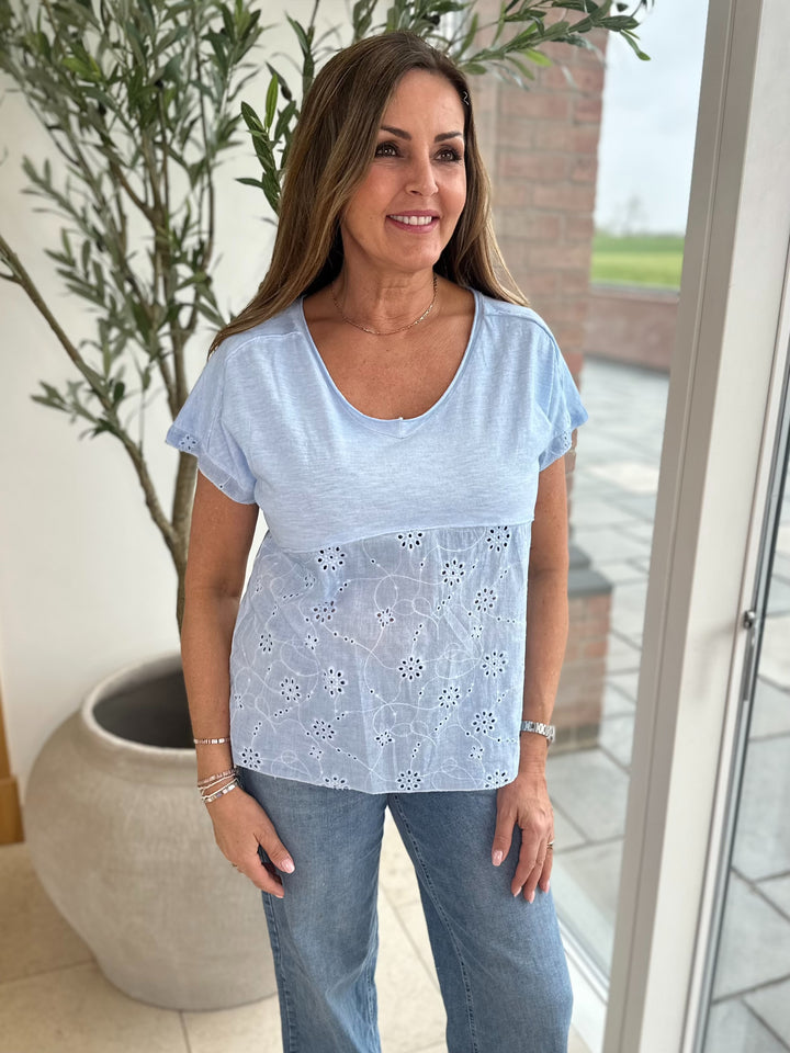 Blue Broderie Detail T-Shirt