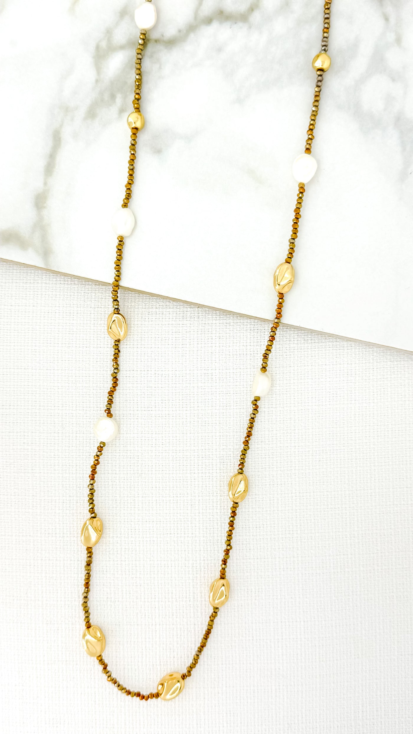 Gold, Pearl and Bronze Beaded Necklace