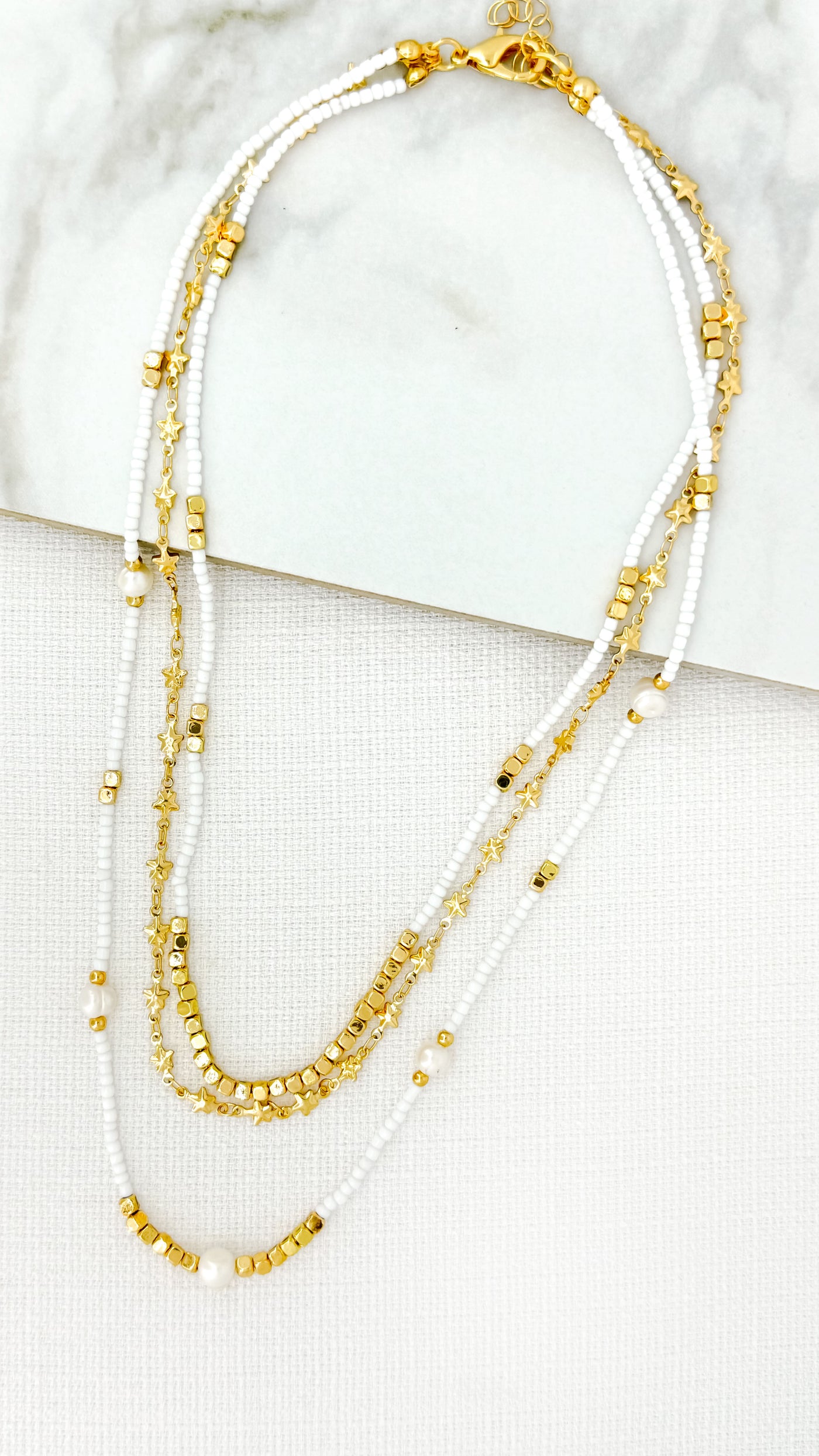 Gold & White Beaded Layer Necklace