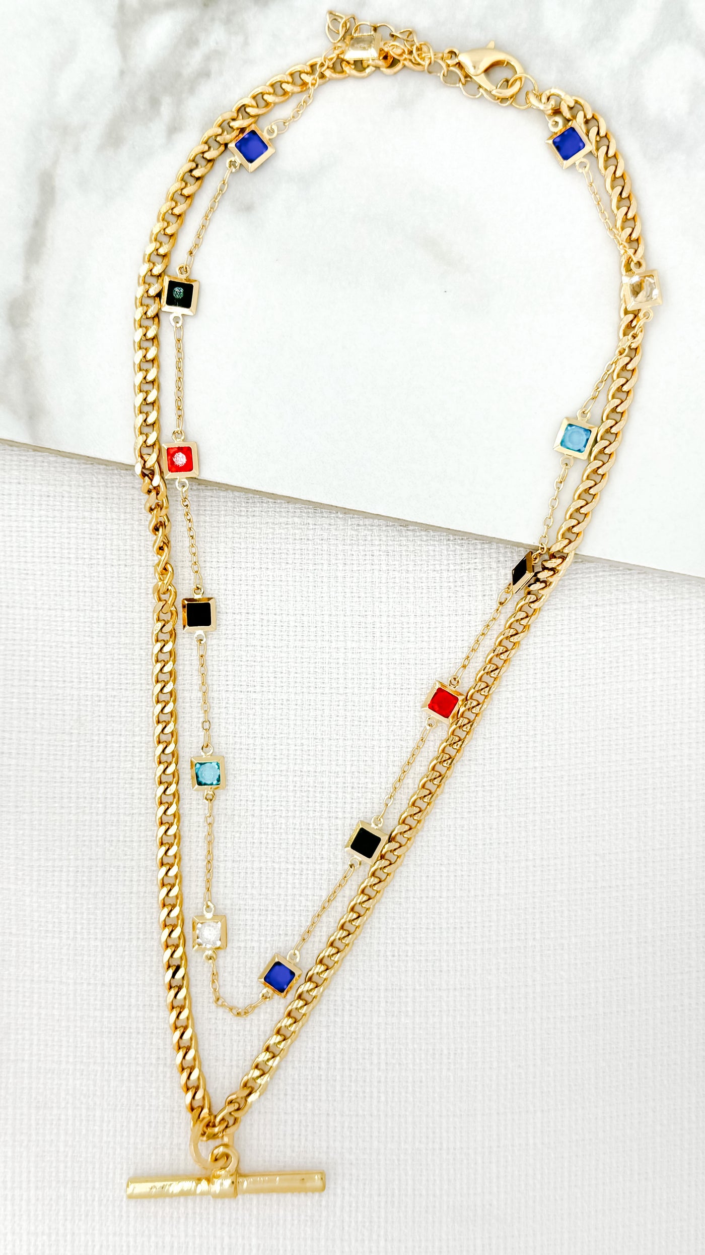 Gold Multicolour Gem T-Bar Necklace