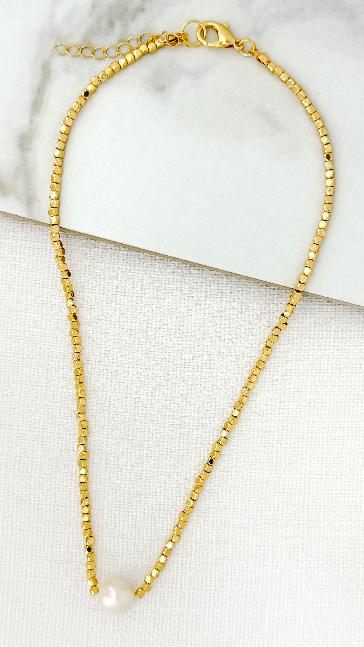 Gold Bead Pearl Charm Necklace