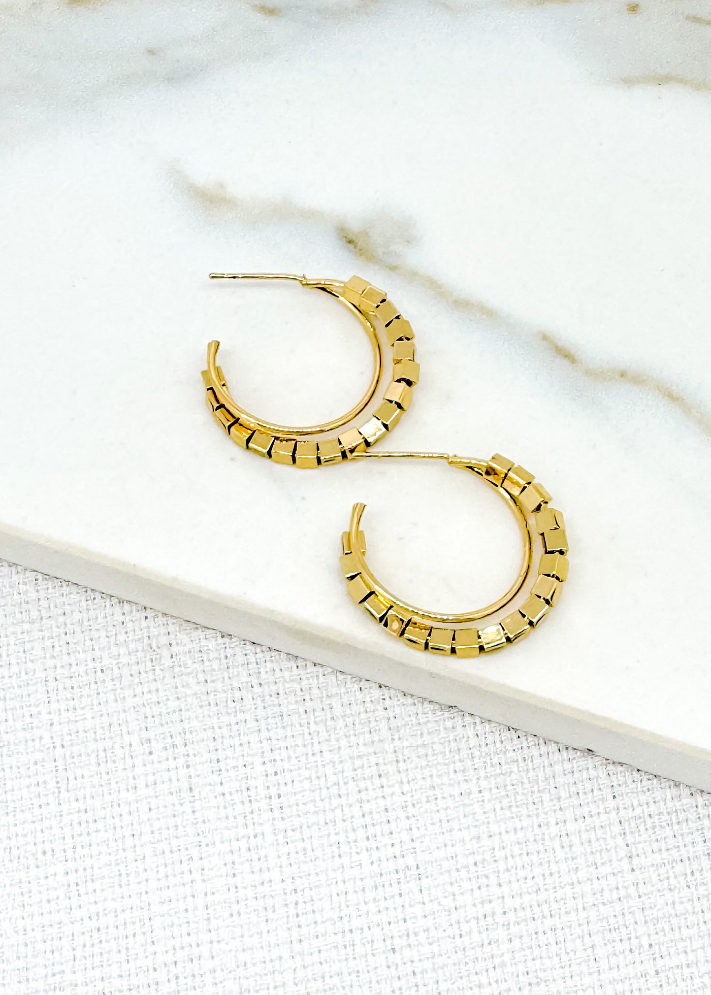 Gold Square Beads Hoop Earrings