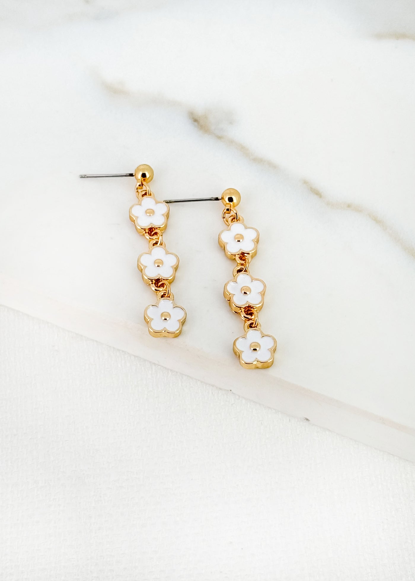 Gold & White Daisy Drop Earrings