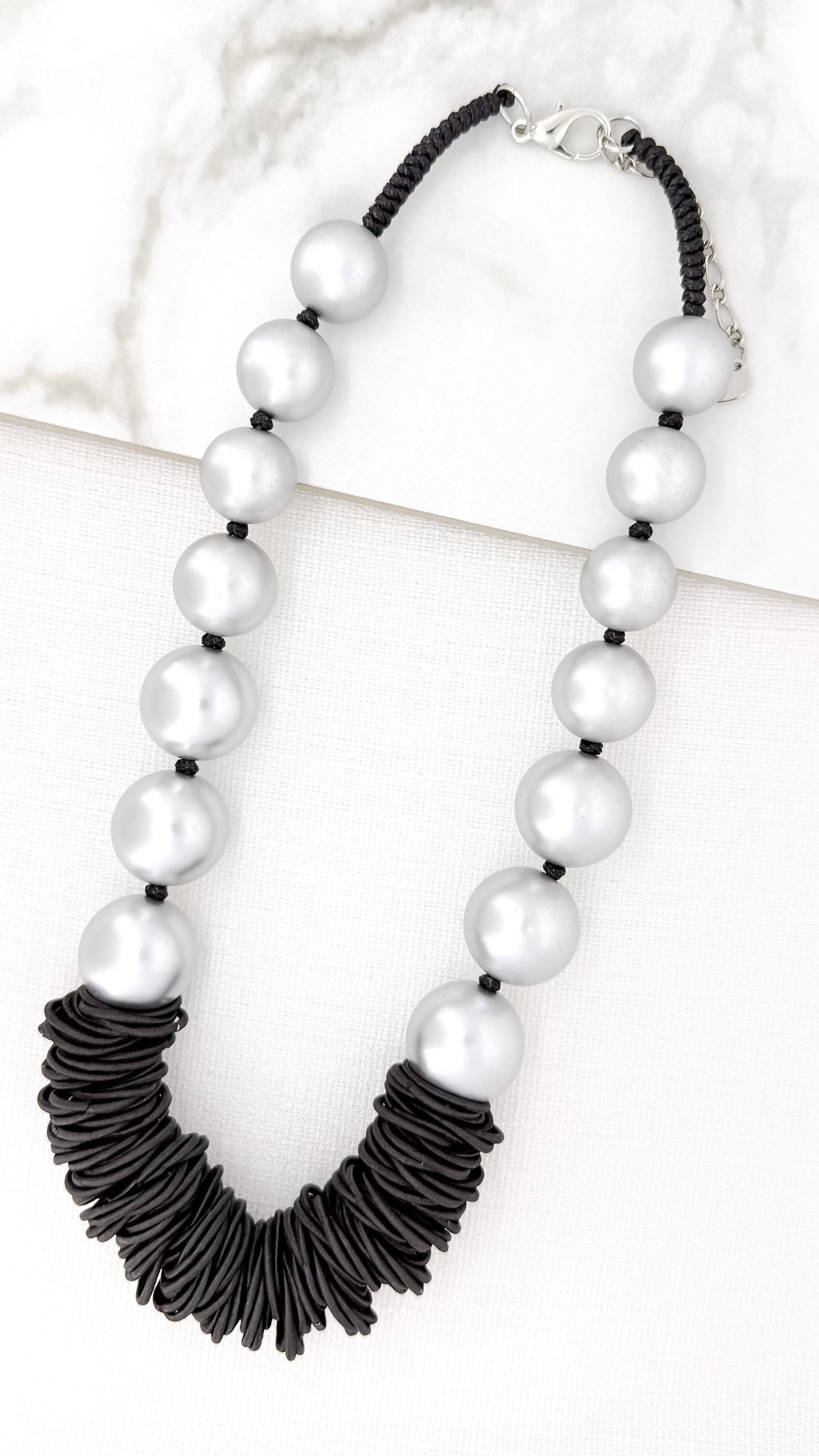 Grey Chunky Bead & Black Bands Necklace