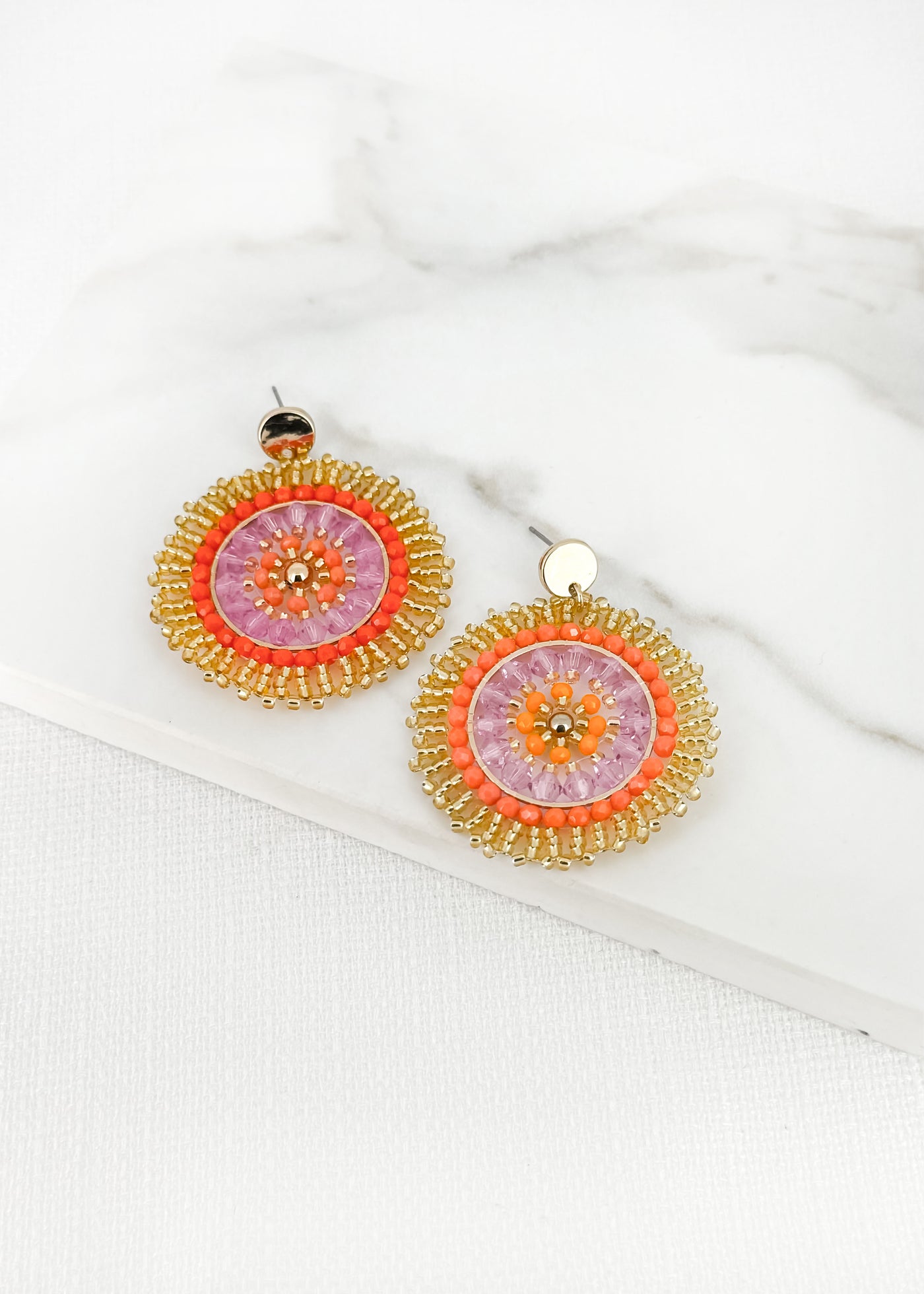 Orange, Pink & Gold Beaded Circle Earrings