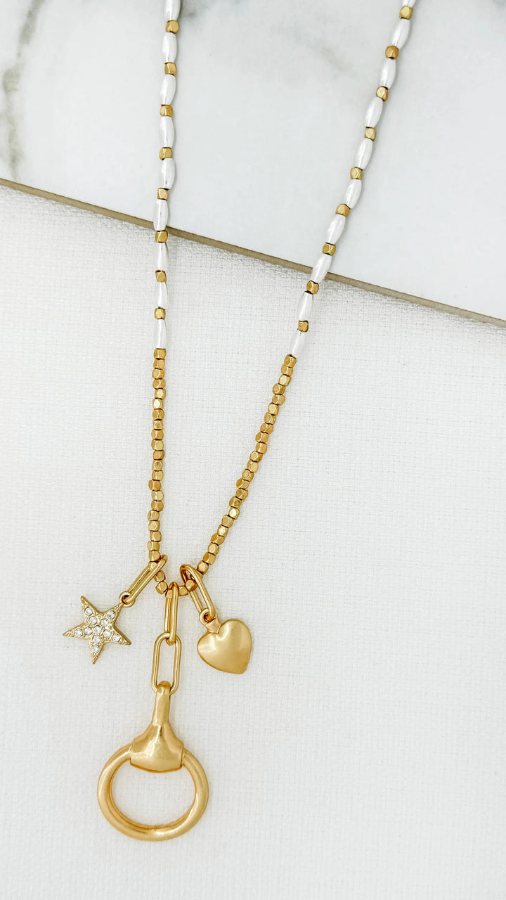 Long Gold & Silver Beaded Charm Necklace
