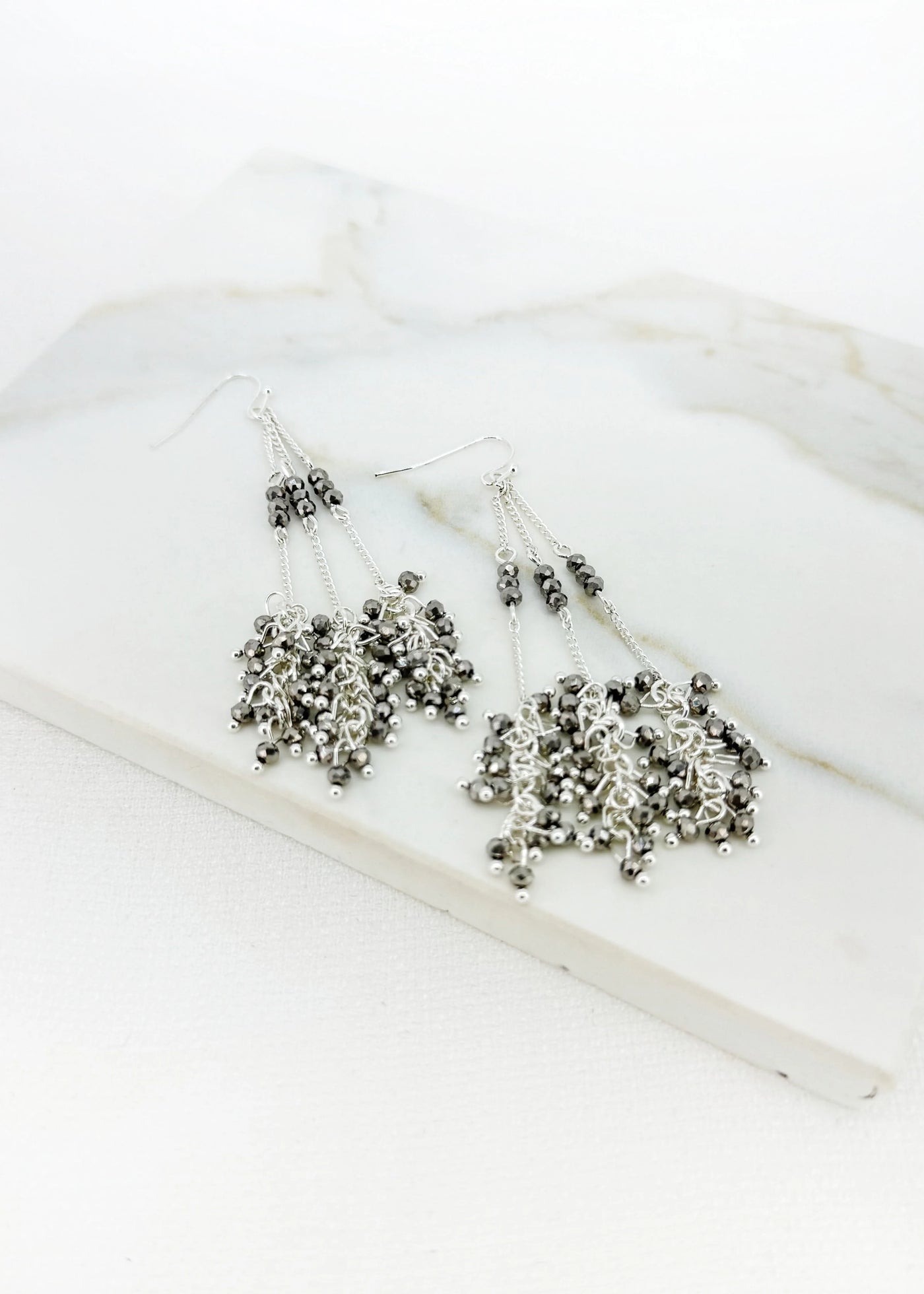 Silver Gem Tassel Drop Earrings