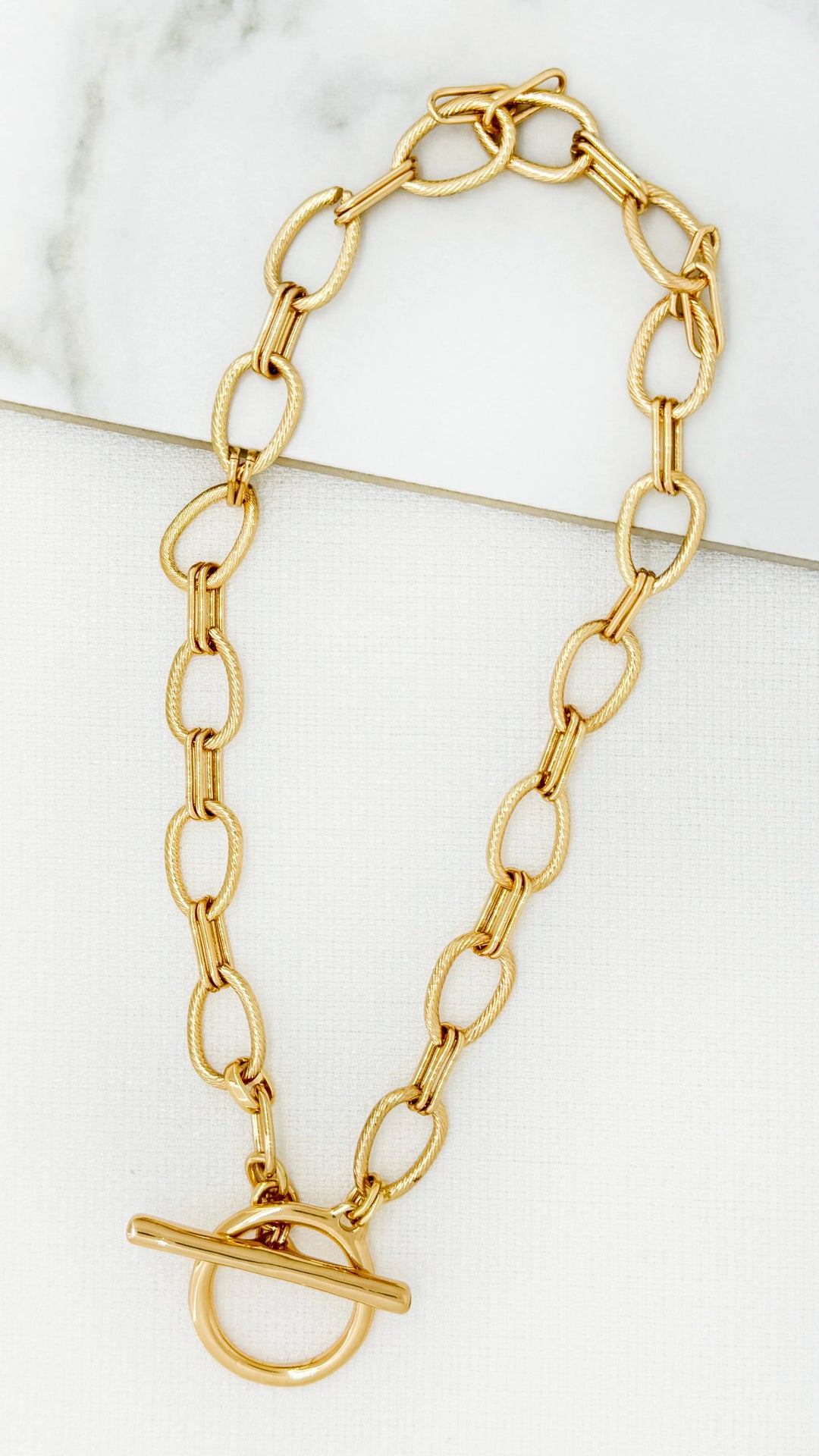 Gold Textured Link T-Bar Necklace