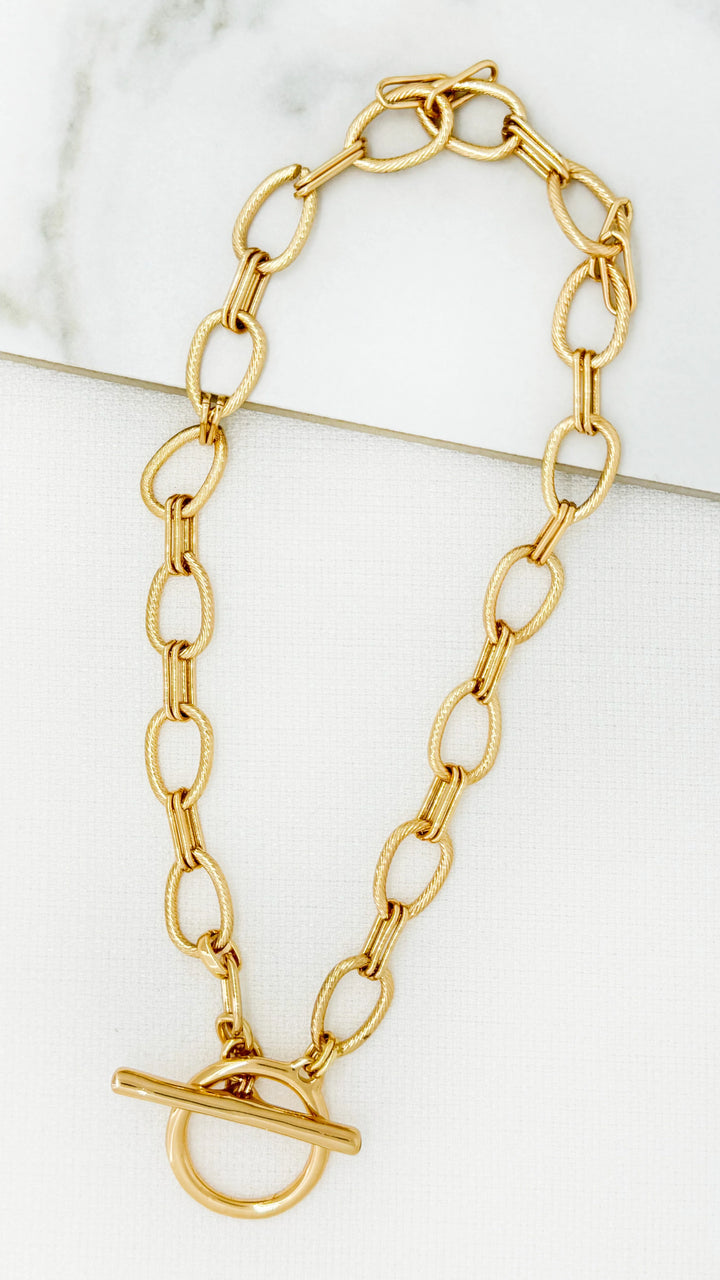 Gold Textured Link T-Bar Necklace
