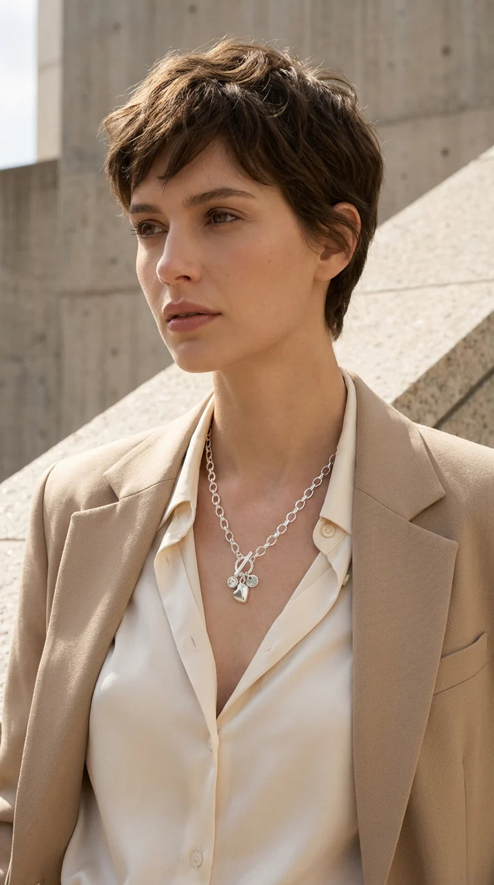 Silver T-Bar Diamante Charm Necklace