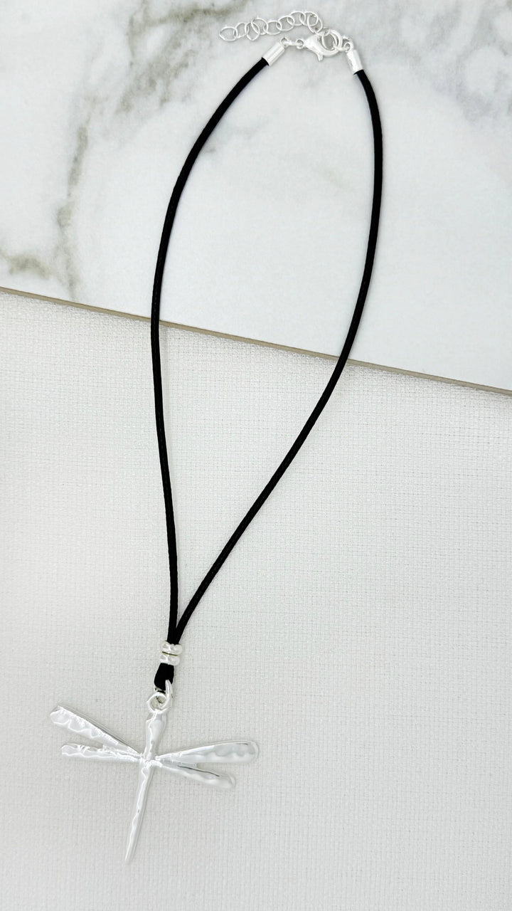 Silver Dragonfly Cord Necklace