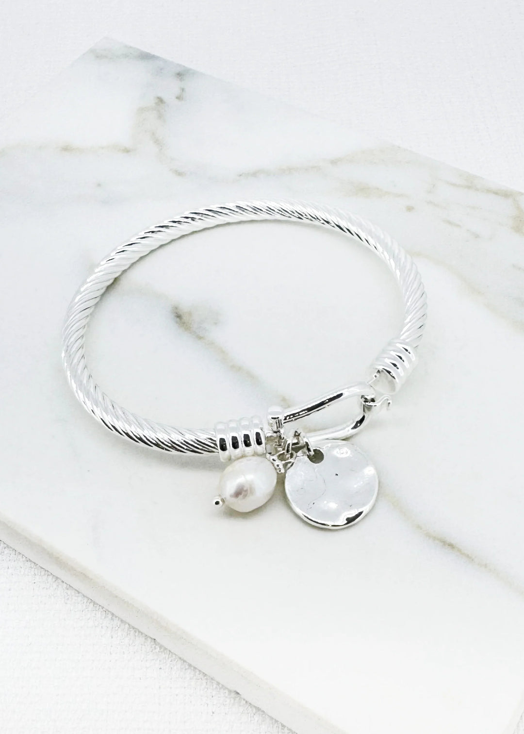 Silver Pearl Charm Bangle