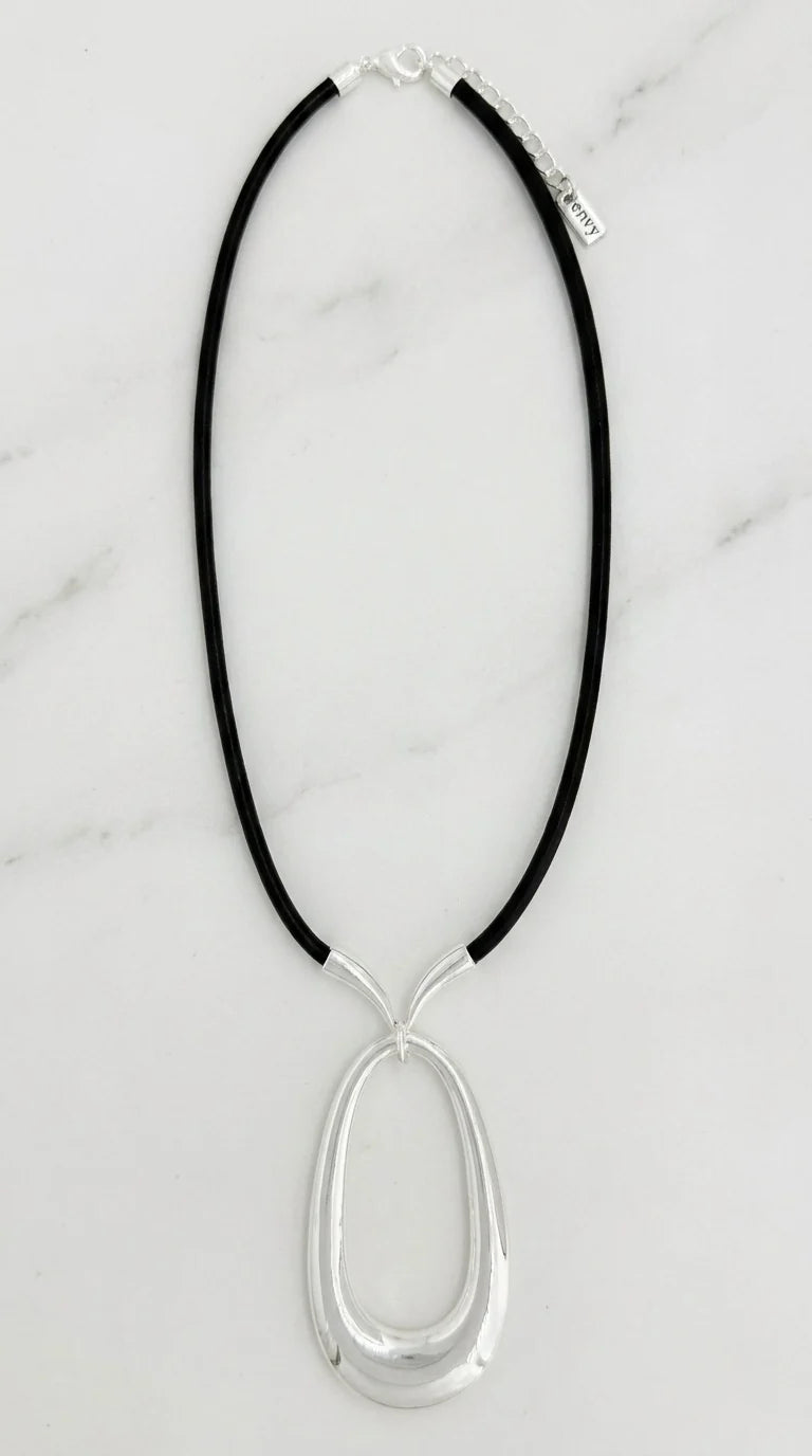Silver & Black Cord Oval Pendant Necklace
