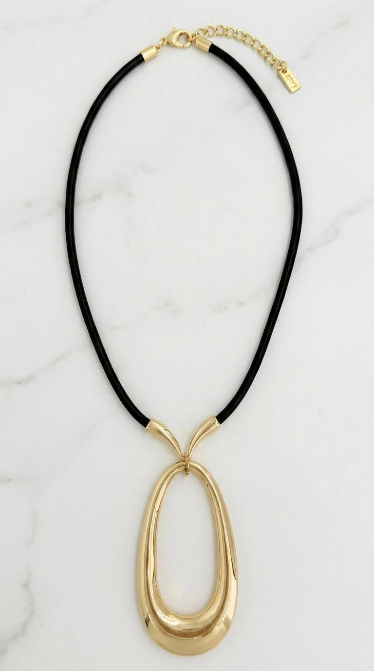 Gold & Black Cord Oval Pendant Necklace