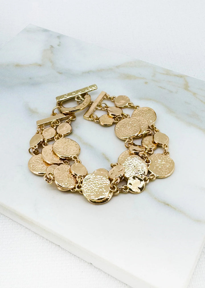 Gold Hammered Disc T-bar Bracelet