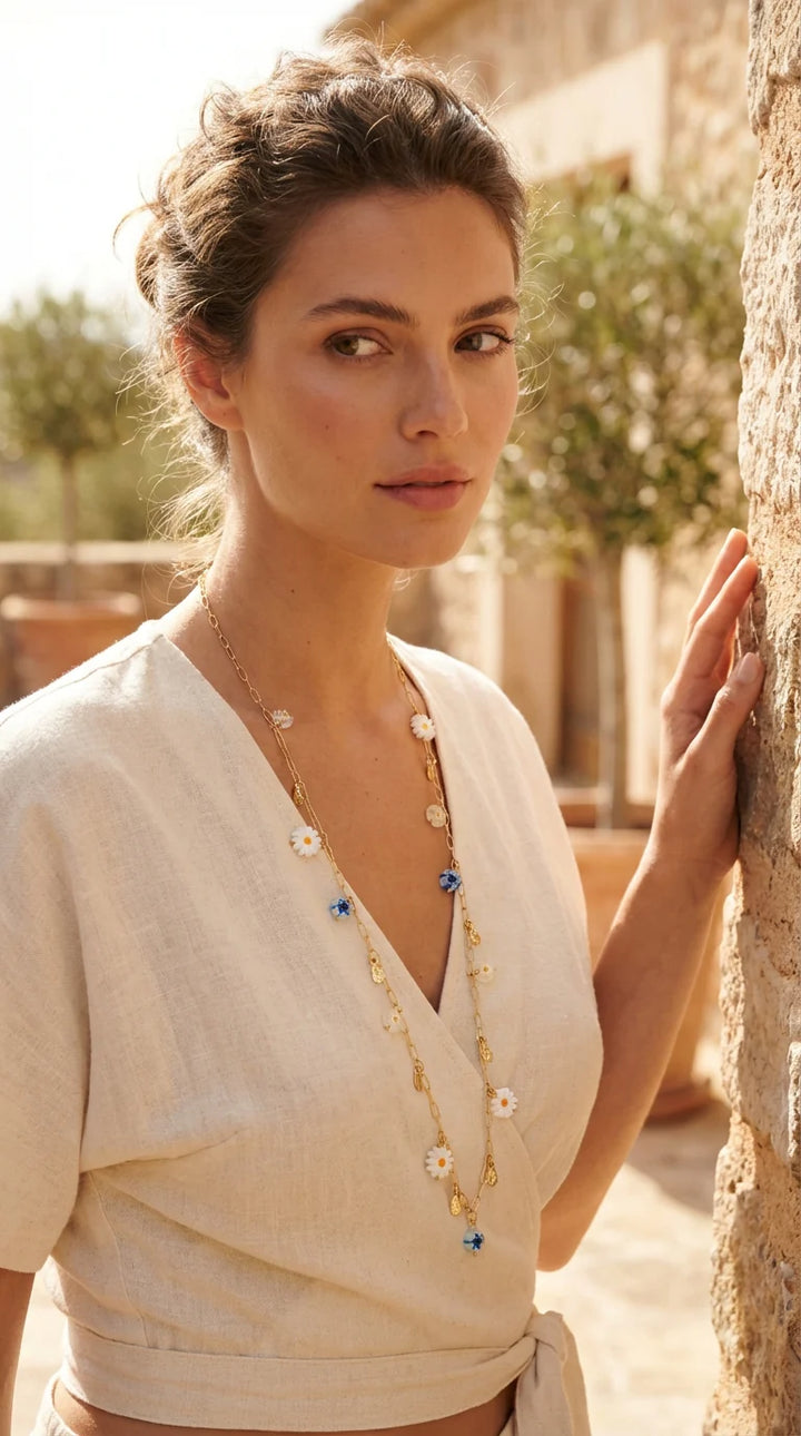 Long Gold White & Blue Daisy Necklace