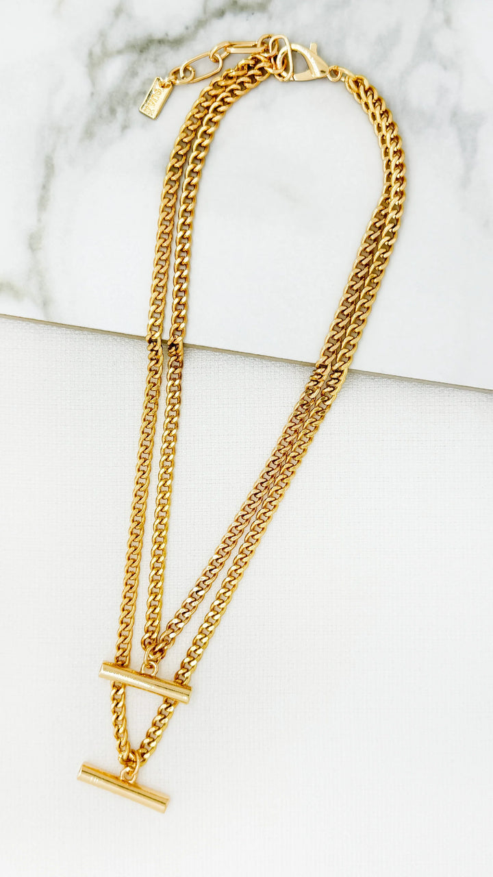 Gold Double Layer T-Bar Necklace